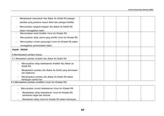 Kriteria Ketuntasan Minimal (KKM)
− Menjelaskan kedudukan Abu Bakar As Siddik RA sebagai
sahabat yang pertama masuk Islam dan sebagai khalifah
− Menunjukkan langkah-langkah Abu Bakar As Siddik RA
dalam menegakkan Islam
− Menceritakan kisah khalifah Umar bin Khatab RA
− Menunjukkan sikap utama yang dimiliki Umar bin Khatab RA
− Menunjukkan contoh perjuangan Umar bin Khatab RA dalam
menegakkan pemerintahan Islam
Aspek : Akhlak
9.Membiasakan perilaku terpuji
9.1.Meneladani perilaku khalifah Abu Bakar As Siddik RA
− Menunjukkan sikap keteladanan khalifah Abu Bakar as
Siddik RA
− Menjelaskan perilaku Abu Bakar As Siddik yang dermawan
dan bijaksana
− Membiasakan perilaku Abu Bakar As Siddik RA dalam
kehidupan sehari-hari
9.2.Meneladani perilaku khalifah Umar bin Khatab RA
− Menunjukkan contoh keteladanan Umar bin Khatab RA
− Menjelaskan sikap keteladanan Umar bin Khatab RA,
pemberani tegas dan terbuka
− Meneladani sikap Umar bin Khatab RA dalam kehidupan
67
 