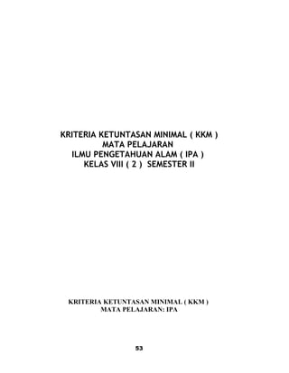 KRITERIA KETUNTASAN MINIMAL ( KKM )
MATA PELAJARAN
ILMU PENGETAHUAN ALAM ( IPA )
KELAS VIII ( 2 ) SEMESTER II
KRITERIA KETUNTASAN MINIMAL ( KKM )
MATA PELAJARAN: IPA
53
 