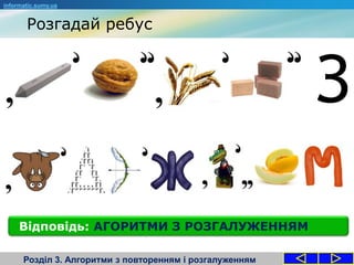 Розгадай ребус
Розділ 3. Алгоритми з повторенням і розгалуженням
Відповідь: АГОРИТМИ З РОЗГАЛУЖЕННЯМ
informatic.sumy.ua
 