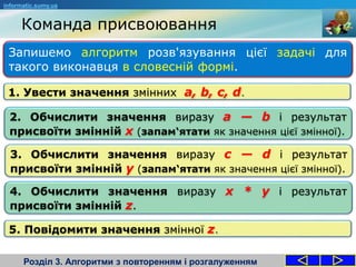 Команда присвоювання
Розділ 3. Алгоритми з повторенням і розгалуженням
Запишемо алгоритм розв'язування цієї задачі для
такого виконавця в словесній формі.
informatic.sumy.ua
1. Увести значення змінних a, b, c, d.
2. Обчислити значення виразу a — b і результат
присвоїти змінній х (запам‘ятати як значення цієї змінної).
3. Обчислити значення виразу c — d і результат
присвоїти змінній y (запам‘ятати як значення цієї змінної).
4. Обчислити значення виразу x * y і результат
присвоїти змінній z.
5. Повідомити значення змінної z.
 