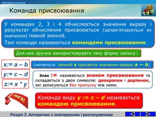 Команда присвоювання
Розділ 3. Алгоритми з повторенням і розгалуженням
informatic.sumy.ua
У командах 2, 3 і 4 обчислюється значення виразу і
результат обчислення присвоюється (запам'ятовується як
значення) певній змінній.
Такі команди називаються командами присвоювання.
Знак := називається знаком присвоювання та
складається з двох символів: двокрапки і дорівнює,
які записуються без пропуску між ними.
Для них зручно використовувати таку форму запису:
Команда виду y := c – d називається
командою присвоювання.
x:= a – b (читається: змінній х присвоїти значення виразу а — b)
y:= c – d
z:= x * y
 