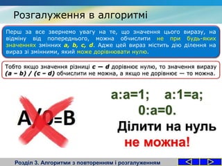 Розгалуження в алгоритмі
Розділ 3. Алгоритми з повторенням і розгалуженням
Перш за все звернемо увагу на те, що значення цього виразу, на
відміну від попереднього, можна обчислити не при будь-яких
значеннях змінних a, b, с, d. Адже цей вираз містить дію ділення на
вираз зі змінними, який може дорівнювати нулю.
Тобто якщо значення різниці с — d дорівнює нулю, то значення виразу
(а – b) / (с – d) обчислити не можна, а якщо не дорівнює — то можна.
 