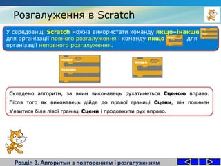 Розгалуження в Scratch
Розділ 3. Алгоритми з повторенням і розгалуженням
У середовищі Scratch можна використати команду якщо–інакше
для організації повного розгалуження і команду якщо для
організації неповного розгалуження.
Складемо алгоритм, за яким виконавець рухатиметься Сценою вправо.
Після того як виконавець дійде до правої границі Сцени, він повинен
з'явитися біля лівої границі Сцени і продовжити рух вправо.
 