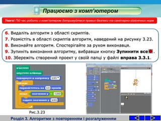 Розділ 3. Алгоритми з повторенням і розгалуженням
Увага! Під час роботи з комп'ютером дотримуйтеся правил безпеки та санітарно-гігієнічних норм
6. Видаліть алгоритм з області скриптів.
7. Розмістіть в області скриптів алгоритм, наведений на рисунку 3.23.
8. Виконайте алгоритм. Спостерігайте за рухом виконавця.
9. Зупиніть виконання алгоритму, вибравши кнопку Зупинити все .
10. Збережіть створений проект у своїй папці у файлі вправа 3.3.1.
Рис.3.23
 