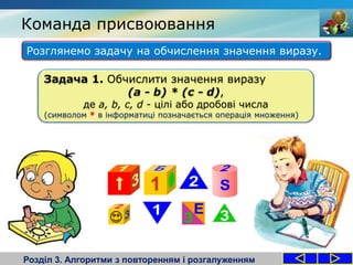 Команда присвоювання
Розділ 3. Алгоритми з повторенням і розгалуженням
Розглянемо задачу на обчислення значення виразу.
Задача 1. Обчислити значення виразу
(a - b) * (c - d),
де a, b, c, d - цілі або дробові числа
(символом * в інформатиці позначається операція множення)
 