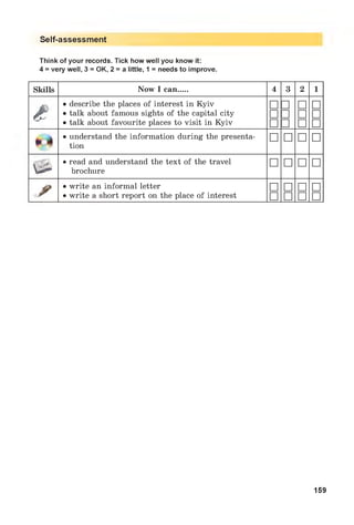 Self-assessment
Think of your records. Tick how well you know it:
4 = very well, 3 = OK, 2 = a little, 1 = needs to improve.
Skills Now I can.... 4 3 2 1
£
• describe the places of interest in Kyiv
• talk about famous sights of the capital city
• talk about favourite places to visit in Kyiv
□□□
nnn
□□□
□□□
• understand the information during the presenta­
tion
□ □ □ □
u*
• read and understand the text of the travel
brochure
□ □ □ □
/
• write an informal letter
• write a short report on the place of interest
□□
□□
□□
□□
159
 