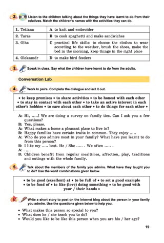2- K M Listen to the children talking about the things they have learnt to do from their
relatives. Match the children’s names with the activities they can do.
1. Tetiana A to knit and embroider
2. Taras B to cook spaghetti and make sandwiches
3. Olha C practical life skills: to choose the clothes to wear
according to the weather, brush the shoes, make the
bed in the morning, keep things in the right place
4. Oleksandr D to make bird feeders
Speak in class. Say what the children have learnt to do from the adults.
Conversation Lab
4-
• to keep promises • to share activities • to be honest with each other
• to stay in contact with each other • to take an active interest in each
other’s hobbies • to care about each other • to do things for each other •
e
Work in pairs. Complete the dialogue and act it out.
A: Hi, .....! W e are doing a survey on family ties. Can I ask you a few
questions?
B: Yes, please.
A: What makes a home a pleasant place to live in?
B: Happy families have certain traits in common. They en jo y.....
A: Who do you admire most in your family? What have you learnt to do
from this person?
B: I like m y .....best. He / S h e.........W e o fte n .........
A: .....
B: Children benefit from regular mealtimes, affection, play, traditions
and outings with the whole family.
Talk about the members of the family you admire. What have they taught you
to do? Use the word combinations given below.
• to be good (excellent) at • to be full of • to set a good example
• to be fond of • to like (love) doing something • to be good with
your / their hands •
< lk ^ Write a short story to post on the Internet blog about the person in your family
you admire. Use the questions given below to help you.•
• What makes this person so special to you?
• What does he / she teach you to do?
• Would you like to be like this person when you are his / her age?
19
 