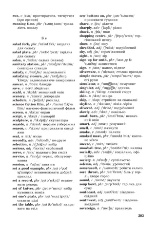 run, v/глп/ простиратися, тягнутися
(провулицю)
running time, phr/'глпір ,taim/ трива­
лість показу
S s
salad fork, phr/'s^lad 'fo:k/ виделка
для салату
salad plate, phr/'s^lad 'pleit/ тарілка
для салату
salsa, n/'sslsa/ сальса (танок)
sanitary station, phr/'s^^tari 'steifan/
санітарна станція
satisfy, v/'s^tafai/ задовольняти
satisfying closure, phr/'s^tasfaiig
'klau3a/ задовольняюче завершення
saucer, n/'so:sa/ блюдце
save, v/seiv/ зберігати
scald, n/skald/ незначний опік
scenery, n/'si:nari/ декорація
schedule, n/'Jedjul/ розклад
science fiction film, phr/'saians 'fikfan
film/ науково-фантастичний фільм
screen, n/skrin/ екран
script, n/skript / сценарій
sculpture, n/'s^lptja/ скульптура
seaside, n/'sisaid/ морське узбережжя
season, v/'sizan/ приправляти спеці­
ями
seat, n/sit/ місце
secondly, adv/'sekandli/ по-друге
selection, n/sa'lekfan/ вибір
serious, adj/'siarias/ серйозний
serve, v/s3:v/ подавати (настіл)
service, n/'s3:vas/ сервіс, обслугову­
вання
session, n/'sejan/ заняття
set a good example, phr/set a 'gud
ig'za:mpal/ встановлювати добрий
приклад
set a record, phr/set a 'reka:d/ встано­
вити рекорд
set of knives, phr/set av 'naivz/ набір
кухонних ножів
set one’s goals, phr/set Wnz 'gaulz/
ставити цілі
set the table, phr/set 6a 'teibal/ накри­
вати на стіл
sew buttons on, phr/sau '^tnz on/
пришивати ґудзики
share, v/fea/ ділити
sharply, adv/j^pli/ різко
shock, n/Jbk/ шок
shopping centre, phr/'Jopig 'senta/ тор-
гівельний центр
show, n/fau/ шоу
shredded, adj/^fredid/ подрібнений
shy, adj/fai/ сором’язливий
sight, n/sait/ зір
sign up for smth, phr/'sain ^p fa
'sAm0ir)/ записатися
sign, n/sain/ напис, підпис
silverware, n/'silvawea/ столові прилади
simple moves, phr/'simpal 'muvz/ про­
сті рухи
simulator, n/'simjuleita/ симулянт
singular, adj/'siggjula/ однина
skiing, n/'skiig/ лижний спорт
skin, n/skin/ шкіра
skip, v/skip/ стрибати на скакалці
skyline, n/'skailain/ лінія обрію
slivered, adj/'slivad/ подрібнений
slowly, adv/'slauli/ повільно
small burn, phr/'sma:l 'Ьз:п/ незнач­
ний опік
smart, adj/smat/ розумний
smell, v/smel/ пахнути
smoke, v/smauk/ палити
smoked meat, phr/'smaukt 'mit/ копче­
не м’ясо
sneeze, v/sniz/ чихати
snowball tree, phr/'snaubal 'tri/ калина
socially, adv/'saujali/ соціально, офі­
ційно
society, n/sa'saiati/ суспільство
solemn, adj/'solam/ урочистий
somersault, v/'sAmasalt/ робити сальто
sore throat, phr/so: '0raut/ біль у гор­
лі, хворе горло
sound, v/saund/ звучати
soup bowl, phr/sup 'baul/ тарілка для
супу
southeast, adj/sauT'ist/ південно-
східний
southwest, adj/sauT'west/ південно-
західний
sovereign, n/'sovran/ правитель
203
 