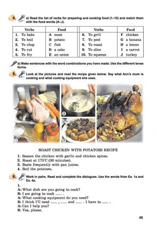 4. Jp a) Read the list of verbs for preparing and cooking food (1-10) and match them
with the food words (A-J).
Verbs Food Verbs Food
1. To bake
2. To boil
3. To chop
4. To cut
5. To fry
A meat
B potato
C fish
D a cake
E an onion
6. To grill
7. To peel
8. To roast
9. To slice
10. To squeeze
F chicken
G a banana
H a lemon
I a carrot
J turkey
j t * b) Make sentences with the word combinations you have made. Use the different tense
forms.
Look at the pictures and read the recipe given below. Say what Ann’s mum is
cooking and what cooking equipment she uses.
ROAST CHICKEN W ITH POTATOES RECIPE
1. Season the chicken with garlic and chicken spices.
2. Roast at 175°C (30 minutes).
3. Baste frequently with pan juices.
4. Boil the potatoes.
6. .JP Work in pairs. Read and complete the dialogues. Use the words from Ex. 1a and
Ex. 4a.
1.
A: What dish are you going to cook?
B: I am going to cook.......
A: What cooking equipment do you need?
B: I think I’ll need..... , .....an d .........I have t o .........
A: Can I help you?
B: Yes, please.
45
 