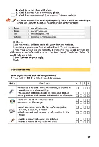 4. Mark is in the class with Jane.
5. Mark has sent Ann a necessary photo.
6. Mark has recommended Ann uses an Internet website.
dr You’ve got an email from your English-speaking friend in which he / she asks you
to help him / her with the school research project. Write your reply.
•■ i From: mark@yahoo.com
i From: clark@yahoo.com
To: ukraine@gmail.com
Subject: research on Ukrainian food
Hi there,
I got your email address from the friendsonline website.
I am doing a project on food at school in different countries.
I read your article on the website. I wonder if you could provide me
with some more information about the traditional Ukrainian dishes. It
would help me a lot.
I look forward to your reply.
Clark
Self-assessment
Think of your records. Tick how well you know it:
4 = very well, 3 = OK, 2 = a little, 1 = needs to improve.
Skills Now I can.... 4 3 2 1
s
• describe a kitchen, the kitchenware, a process of
cooking and a place setting
• talk about different kinds of foods and drinks
• ask questions and present information on the topic
□ □ □ □
□ □ □ □
□ □ □ □
¥ <
• understand short conversations
• understand the recipe
□ □ □ □
□ □ □ □
• read and understand the text of a magazine
article, a booklet, a recipe
• find relevant and necessary information in the
texts
□ □ □ □
□ □ □ □
/
• write a paragraph about my kitchen
• write a recipe of my favourite dish
□ □ □ □
□ □ □ □
53
 