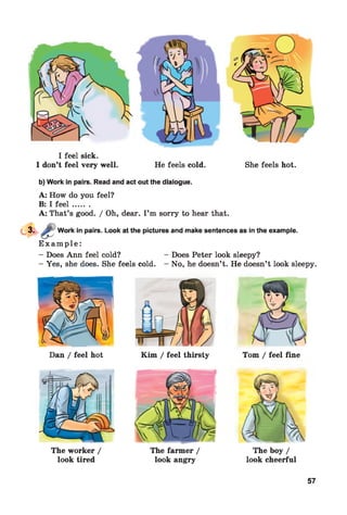 I feel sick.
I don’t feel very well. He feels cold. She feels hot.
b) Work in pairs. Read and act out the dialogue.
A: How do you feel?
B: I fe e l.......
A: That’s good. / Oh, dear. I’m sorry to hear that.
Work in pairs. Look at the pictures and make sentences as in the example.
E x a m p l e :
- Does Ann feel cold? - Does Peter look sleepy?
- Yes, she does. She feels cold. - No, he doesn’t. He doesn’t look sleepy.
Dan / feel hot Kim / feel thirsty Tom / feel fine
The worker /
look tired
The farmer /
look angry
The boy /
look cheerful
57
 