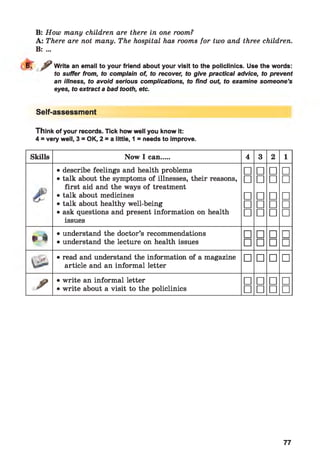 B: How many children are there in one room?
A: There are not many. The hospital has rooms for two and three children.
B: ...
8.r ^ Write an email to your friend about your visit to the policlinics. Use the words:
to suffer from, to complain of, to recover, to give practical advice, to prevent
an illness, to avoid serious complications, to find out, to examine someone’s
eyes, to extract a bad tooth, etc.
Self-assessment
Think of your records. Tick how well you know it:
4 = very well, 3 = OK, 2 = a little, 1 = needs to improve.
Skills Now I can.... 4 3 2 1
• describe feelings and health problems □ □ □ □
6
• talk about the symptoms of illnesses, their reasons,
first aid and the ways of treatment
□ □ □ □
• talk about medicines n n n n
• talk about healthy well-being □ □ □ □
• ask questions and present information on health
issues
□ □ □ □
¥ <
• understand the doctor’s recommendations □ □ □ □
• understand the lecture on health issues □ □ □ □
• read and understand the information of a magazine
article and an informal letter
□ □ □ □
/
• write an informal letter □ □ □ □
• write about a visit to the policlinics □ □ □ □
77
 