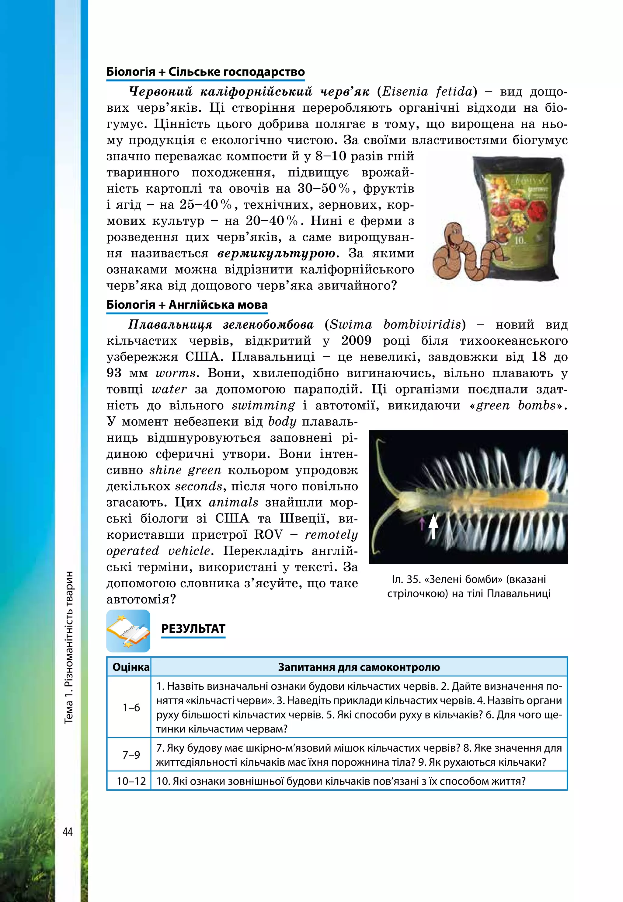 Тема1.Різноманітністьтварин
44
Біологія + Сільське господарство
Червоний каліфорнійський черв’як (Eise­nia fetida) – вид дощо-
вих черв’яків. Ці створіння переробляють органічні відходи на біо-
гумус. Цінність цього добрива полягає в тому, що вирощена на ньо-
му продукція є екологічно чистою. За своїми властивостями біогумус
значно переважає компости й у 8–10 разів гній
тваринного походження, підвищує врожай-
ність картоплі та овочів на 30–50 %, фруктів
і ягід – на 25–40 %, технічних, зернових, кор-
мових культур – на 20–40 %. Нині є ферми з
розведення цих черв’яків, а саме вирощуван-
ня називається вермикультурою. За якими
ознаками можна відрізнити каліфорнійського
черв’яка від дощового черв’яка звичайного?
Біологія + Англійська мова
Плавальниця зеленобомбова (Swima bombi­viridis) – новий вид
кільчастих червів, відкритий у 2009 році біля тихоокеанського
узбережжя США. Плавальниці – це невеликі, завдовжки від 18 до
93 мм worms. Вони, хвилеподібно вигинаючись, вільно плавають у
товщі water за допомогою параподій. Ці організми поєднали здат-
ність до вільного swimming і автотомії, викидаючи «green bombs».
У момент небезпеки від body плаваль-
ниць відшнуровуються заповнені рі-
диною сферичні утвори. Вони інтен-
сивно shine green кольором упродовж
декількох seconds, після чого повільно
згасають. Цих animals знайшли мор-
ські біологи зі США та Швеції, ви-
користавши пристрої ROV – remotely
operated vehicle. Перекладіть англій-
ські терміни, використані у тексті. За
допомогою словника з’ясуйте, що таке
автотомія?
	РЕЗУЛЬТАТ
Оцінка Запитання для самоконтролю
1–6
1. Назвіть визначальні ознаки будови кільчастих червів. 2. Дайте визначення по-
няття «кільчасті черви». 3. Наведіть приклади кільчастих червів. 4. Назвіть органи
руху більшості кільчастих червів. 5. Які способи руху в кільчаків? 6. Для чого ще-
тинки кільчастим червам?
7–9
7. Яку будову має шкірно-м’язовий мішок кільчастих червів? 8. Яке значення для
життєдіяльності кільчаків має їхня порожнина тіла? 9. Як рухаються кільчаки?
10–12 10. Які ознаки зовнішньої будови кільчаків пов’язані з їх способом життя?
Іл. 35. «Зелені бомби» (вказані
стрілочкою) на тілі Плавальниці
 
