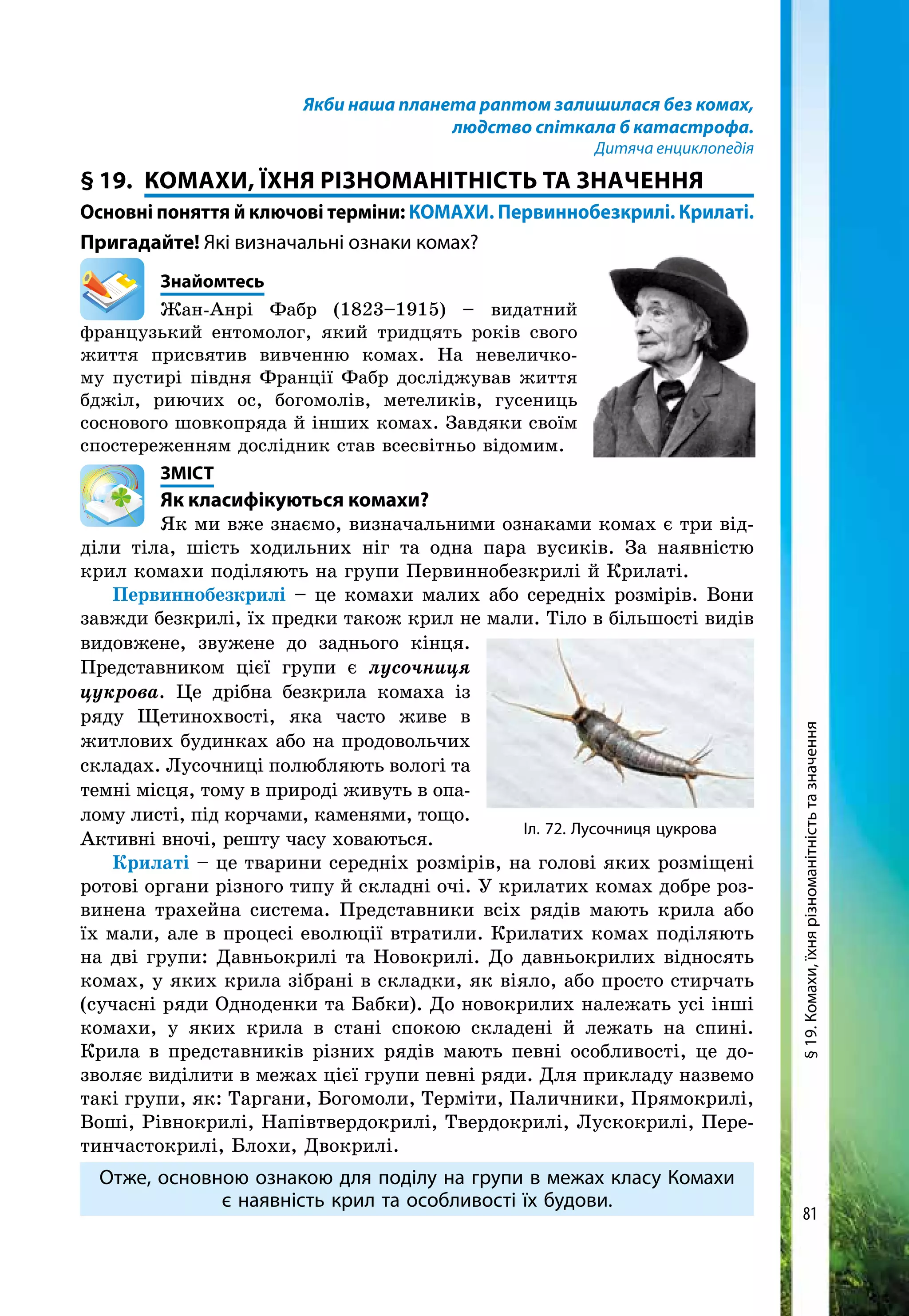 81
Якби наша планета раптом залишилася без комах,
людство спіткала б катастрофа.
Дитяча енциклопедія
§ 19. 	КОМАХИ, ЇХня РІЗНОМАНІТНІСТЬ ТА ЗНАЧЕННЯ
Основні поняття й ключові терміни: КОМАХИ. Первиннобезкрилі. Крилаті.
Пригадайте! Які визначальні ознаки комах?
	Знайомтесь
Жан-Анрі Фабр (1823–1915) – видатний
французький ентомолог, який тридцять років свого
життя присвятив вивченню комах. На невеличко-
му пустирі півдня Франції Фабр досліджував життя
бджіл, риючих ос, богомолів, метеликів, гусениць
соснового шовкопряда й інших комах. Завдяки своїм
спостереженням дослідник став всесвітньо відомим.
	ЗМІСТ
	 Як класифікуються комахи?
Як ми вже знаємо, визначальними ознаками комах є три від-
діли тіла, шість ходильних ніг та одна пара вусиків. За наявністю
крил комахи поділяють на групи Первиннобезкрилі й Крилаті.
Первиннобезкрилі – це комахи малих або середніх розмірів. Вони
завжди безкрилі, їх предки також крил не мали. Тіло в більшості видів
видовжене, звужене до заднього кінця.
Представником цієї групи є лусочниця
цукрова. Це дрібна безкрила комаха із
ряду Щетинохвості, яка часто живе в
житлових будинках або на продовольчих
складах. Лусочниці полюбляють вологі та
темні місця, тому в природі живуть в опа­
лому листі, під корчами, каменями, тощо.
Активні вночі, решту часу ховаються.
Крилаті – це тварини середніх розмірів, на голові яких розміщені
ротові органи різного типу й складні очі. У крилатих комах добре роз­
винена трахейна система. Представники всіх рядів мають крила або
їх мали, але в процесі еволюції втратили. Крилатих комах поділяють
на дві групи: Давньокрилі та Новокрилі. До давньокрилих відносять
комах, у яких крила зібрані в складки, як віяло, або просто стирчать
(сучасні ряди Одноденки та Бабки). До новокрилих належать усі інші
комахи, у яких крила в стані спокою складені й лежать на спині.
Крила в представників різних рядів мають певні особливості, це до-
зволяє виділити в межах цієї групи певні ряди. Для прикладу назвемо
такі групи, як: Таргани, Богомоли, Терміти, Паличники, Прямокрилі,
Воші, Рівнокрилі, Напівтвердокрилі, Твердокрилі, Лускокрилі, Пере-
тинчастокрилі, Блохи, Двокрилі.
Отже, основною ознакою для поділу на групи в межах класу Комахи
є наявність крил та особливості їх будови.
Іл. 72. Лусочниця цукрова
§19.Комахи,їхнярізноманітністьтазначення
 