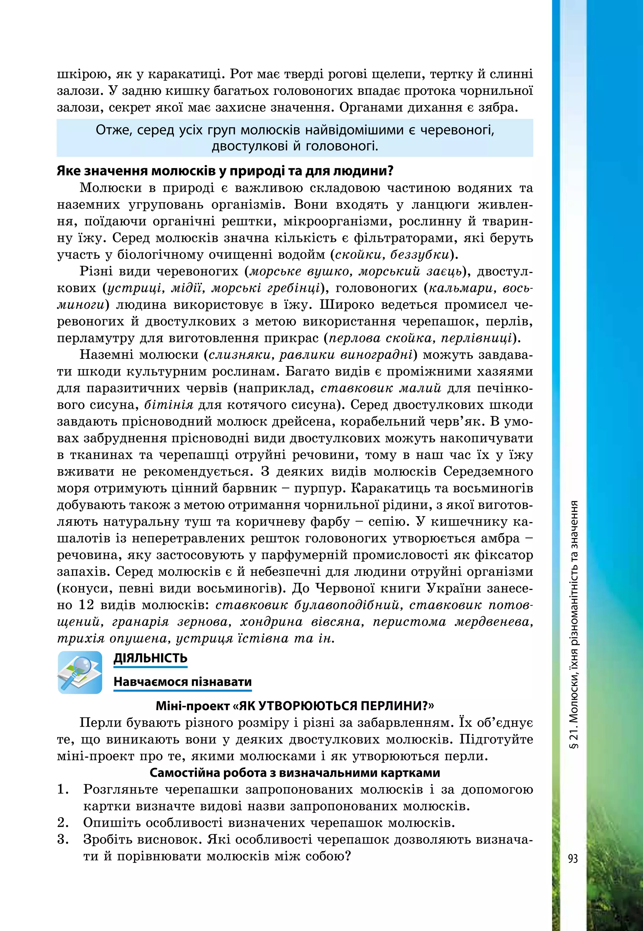 93
шкірою, як у каракатиці. Рот має тверді рогові щелепи, тертку й слинні
залози. У задню кишку багатьох головоногих впадає протока чорнильної
залози, секрет якої має захисне значення. Органами дихання є зябра.
Отже, серед усіх груп молюсків найвідомішими є черевоногі,
двостулкові й головоногі.
Яке значення молюсків у природі та для людини?
Молюски в природі є важливою складовою частиною водяних та
наземних угруповань організмів. Вони входять у ланцюги живлен-
ня, поїдаючи органічні рештки, мікроорганізми, рослинну й тварин-
ну їжу. Серед молюсків значна кількість є фільтраторами, які беруть
участь у біологічному очищенні водойм (скойки, беззубки).
Різні види черевоногих (морське вушко, морський заєць), двостул-
кових (устриці, мідії, морські гребінці), головоногих (кальмари, вось-
миноги) людина використовує в їжу. Широко ведеться промисел че-
ревоногих й двостулкових з метою використання черепашок, перлів,
перламутру для виготовлення прикрас (перлова скойка, перлівниці).
Наземні молюски (слизняки, равлики виноградні) можуть завдава-
ти шкоди культурним рослинам. Багато видів є проміжними хазяями
для паразитичних червів (наприклад, ставковик малий для печінко-
вого сисуна, бітінія для котячого сисуна). Серед двостулкових шкоди
завдають прісноводний молюск дрейсена, корабельний черв’як. В умо-
вах забруднення прісноводні види двостулкових можуть накопичувати
в тканинах та черепашці отруйні речовини, тому в наш час їх у їжу
вживати не рекомендується. З деяких видів молюсків Середземного
моря отримують цінний барвник – пурпур. Каракатиць та восьминогів
добувають також з метою отримання чорнильної рідини, з якої виготов-
ляють натуральну туш та коричневу фарбу – сепію. У кишечнику ка-
шалотів із неперетравлених решток головоногих утворюється амбра –
речовина, яку застосовують у парфумерній промисловості як фіксатор
запахів. Серед молюсків є й небезпечні для людини отруйні організми
(конуси, певні види восьминогів). До Червоної книги України занесе-
но 12 видів молюсків: ставковик булавоподібний, ставковик потов-
щений, гранарія зернова, хондрина вівсяна, перистома мердвенева,
трихія опушена, устриця їстівна та ін.
	ДІЯЛЬНІСТЬ
	Навчаємося пізнавати
Міні-проект «Як утворюються перлини?»
Перли бувають різного розміру і різні за забарвленням. Їх об’єднує
те, що виникають вони у деяких двостулкових молюсків. Підготуйте
міні-проект про те, якими молюсками і як утворюються перли.
Самостійна робота з визначальними картками
1.	 Розгляньте черепашки запропонованих молюсків і за допомогою
картки визначте видові назви запропонованих молюсків.
2.	 Опишіть особливості визначених черепашок молюсків.
3.	 Зробіть висновок. Які особливості черепашок дозволяють визнача-
ти й порівнювати молюсків між собою?
§21.Молюски,їхнярізноманітністьтазначення
 