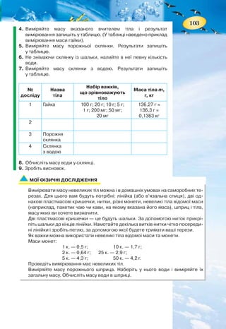 102
Масу тіла також можна визначити за допомогою пружинних ваг,
які не потребують гир. Але зазначимо, що якби одне й те саме тіло
зважували за допомогою терезів і пружинних ваг, наприклад, на
Місяці, то значення маси, визначене за допомогою терезів було
б таке саме, як і на Землі, а якщо за допомогою пружинних ваг —
то їх покази були б у 6 разів менші!!! Чому це так, ви дізнаєтесь
пізніше.
ЛАБОРАТОРНА РОБОТА № 6
ВИМІРЮВАННЯ МАСИ
МЕТОДОМ ЗВАЖУВАННЯ
Мета роботи: оволодіти навичками роботи з важіль-
ними терезами, навчитись вимірювати масу тіл.
Обладнання: важільні терези, набір важків, тіла для
зважування, хімічна склянка, колба з водою.
Вказівки щодо виконання роботи
1. Перед початком роботи ознайомтеся із правилами зважування
на терезах:
• Перед зважуванням треба переконатисz, що терези
зрівноважені. Щоб установити рівновагу, на легшу шальку слід
покласти дрібненькі папірці.
• Щоб терези не псувалисz, зважуване тіло й важки треба опу-
скати на шальки обережно, не випускаючи їх навіть з невеликої
висоти.
• Не можна зважувати тіла, важчі від зазначеного на терезах
граничного навантаження.
• Зважуване тіло кладуть на ліву шальку терезів.
• На праву шальку терезів кладуть важки, виймаючи їх з футляра
спеціальним пінцетом.
• Поклавши зважуване тіло на ліву шальку, на праву кладуть ва-
жок, маса якого є близькою до маси тіла. Якщо важок перетягує
шальку, то його ставлять назад у футляр, а коли не перетяг-
не — залишають на шальці. Потім те саме роблять із наступним
важком, поки не буде рівноваги.
• Зрівноваживши тіло, підраховують загальну масу важків, що
лежать на шальці терезів. Після цього переносять важки з
шальки терезів у футляр.
2. Розгляньте терези, визначте межі маси вантажу, який мож-
на вимірювати даними терезами (вони вказані на коромислі).
Перевірте, чи терези перебувають у рівновазі, якщо потрібно,
зрівноважте їх.
3. Розгляньте важки і запишіть у зошит значення маси важків від
найбільшого до найменшого.
103
4. Виміряйте масу вказаного вчителем тіла і результат
вимірювання запишіть у таблицю. (У таблиці наведено приклад
вимірювання маси гайки).
5. Виміряйте масу порожньої склянки. Результати запишіть
у таблицю.
6. Не знімаючи склянку із шальки, налийте в неї певну кількість
води.
7. Виміряйте масу склянки з водою. Результати запишіть
у таблицю.
№
досліду
Назва
тіла
Набір важків,
що зрівноважують
тіло
Маса тіла m,
г, кг
1 Гайка 100 г; 20 г; 10 г; 5 г;
1 г; 200 мг; 50 мг;
20 мг
136,27 г ≈
136,3 г ≈
0,1363 кг
2
3 Порожня
склянка
4 Склянка
з водою
8. Обчисліть масу води у склянці.
9. Зробіть висновок.
МОЇ ФІЗИЧНІ ДОСЛІДЖЕННЯ
Вимірювати масу невеликих тіл можна і в домашніх умовах на саморобних те-
резах. Для цього вам будуть потрібні: лінійка (або в’язальна спиця), дві од-
накові пластмасові кришечки, нитки, різні монети, невеликі тіла відомої маси
(наприклад, пакетик чаю чи кави, на якому вказана його маса), шприц і тіла,
масу яких ви хочете визначити.
Дві пластмасові кришечки — це будуть шальки. За допомогою ниток прикрі-
піть шальки до кінців лінійки. Намотайте декілька витків нитки чітко посереди-
ні лінійки і зробіть петлю, за допомогою якої будете тримати ваші терези.
Як важки можна використати невеликі тіла відомої маси та монети.
Маси монет:
1 к. — 0,5 г; 10 к. — 1,7 г;
2 к. — 0,64 г; 25 к. — 2,9 г;
5 к. — 4,3 г; 50 к. — 4,2 г.
Проведіть вимірювання мас невеликих тіл.
Виміряйте масу порожнього шприца. Наберіть у нього води і виміряйте їх
загальну масу. Обчисліть масу води в шприці.
 