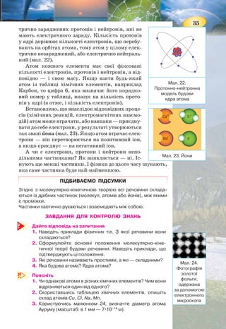 34
цьому склад молекули льоду, води і
водяної пари залишається однаковим
(два атоми Гідрогену й один атом Окси-
гену — Н2О), відмінність полягає лише
у взаємному розміщенні й русі молекул
(мал. 21).
Підчасхімічнихпроцесівруйнують-
ся зв’язки між атомами, які з’єднують
їх у молекули, самі атоми при цьо-
му залишаються незмінними. Атоми
об’єднуються в нові групи, у результаті
чого утворюються нові речовини.
ЯДЕРНА МОДЕЛЬ АТОМА. Трива-
лий час вважали, що атом неподіль-
ний, що нічого меншого, ніж атом у
природі не існує. У 1911 р. завдяки до-
слідам англійського ученого Ернеста
Резерфорда вдалося встановити, що атом складається з іще
дрібніших частинок. В основному атом порожній: у центрі
його міститься дуже маленьке і дуже щільне ядро, а навко-
ло нього — електрони, які дуже швидко обертаються.
Таку модель будови атома назвали ядерною (або планетар-
ною) моделлю атома.
Досліди Резерфорда дали поштовх подальшим досліджен-
ням атома. Частинка, яка довгий час вважалася неподільною,
як виявлося, складається з позитивного ядра та електронів!
А чи існують ще менші частинки? І чи можна «розбити ядро»?
У 1932 р. учень Резерфорда, англійський фізик Джеймс
Чедвік відкрив нейтрон. Ця частинка не має електричного за-
ряду. У тому ж році фізики Дмитро Іваненко і Вернер Гейзен-
берг запропонували протонно-нейтронну модель ядра атома.
Ядро атома складається з частинок двох типів: з елек-
Мал. 21. Розташування молекул Н2О
в різних агрегатних станах
Лід Вода
Пара
Вернер
Гейзенберг
Д. Іваненко
Джеймс
Чедвік
Ернест
Резерфорд
35
трично заряджених протонів і нейтронів, які не
мають електричного заряду. Кількість протонів
у ядрі дорівнює кількості електронів, що перебу-
вають на орбітах атома, тому атом у цілому елек-
трично незаряджений, або електрично нейтраль-
ний (мал. 22).
Атом кожного елемента має свої фіксовані
кількості електронів, протонів і нейтронів, а від-
повідно — і свою масу. Якщо взяти будь-який
атом із таблиці хімічних елементів, наприклад
Карбон, то цифра 6, яка визначає його порядко-
вий номер у таблиці, вказує на кількість прото-
нів у ядрі (а отже, і кількість електронів).
Встановлено, що внаслідок відповідних проце-
сів (хімічних реакцій, електромагнітних взаємо-
дій) атом може втрачати, або навпаки — приєдну-
вати до себе електрони, у результаті утворюються
так звані йони (мал. 23). Якщо атом втрачає елек-
трони — він перетворюється на позитивний іон,
а якщо приєднує — на негативний іон.
А чи є електрони, протони і нейтрони непо-
дільними частинками? Як виявляється — ні. Іс-
нують ще менші частинки. І фізики до цього часу шукають,
яка саме частинка буде най-найменшою.
ПІДБИВАЄМО ПІДСУМКИ
Згідно з молекулярно-кінетичною теорією всі речовини склада-
ються із дрібних частинок (молекул, атомів або йонів), між якими
є проміжки.
Частинки хаотично рухаються і взаємодіють між собою.
ЗАВДАННЯ ДЛЯ КОНТРОЛЮ ЗНАНЬ
Дайте відповідь на запитання
1. Наведіть приклади фізичних тіл. З якої речовини вони
складаються?
2. Сформулюйте основні положення молекулярно-кіне-
тичної теорії будови речовини. Наведіть приклади, що
підтверджують ці положення.
3. Які речовини називають простими, а які — складними?
4. Яка будова атома? Ядра атома?
Поясніть
1. Чи однакові атоми в різних хімічних елементів? Чим вони
відрізняються один від одного?
2. Скориставшись таблицею хімічних елементів, опишіть
склад атомів Cu, Cl, Na, Mn.
3. Користуючись малюнком 24, визначте діаметр атома
Ауруму (масштаб: в 1 мм — 7.10–14
м).
Мал. 22.
Протонно-нейтронна
модель будови
ядра атома
Мал. 23. Йони
Мал. 24.
Фотографія
золотої
фольги,
одержана
за допомогою
електронного
мікроскопа
 