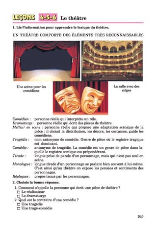 Le théâtre
1. Lis l’information pour apprendre le lexique du théâtre.
U N THÉÂTRE COMPORTE DES ÉLÉMENTS TRÈS RECONNAISSABLES
Comédien : personne réelle qui interprète un rôle.
Dramaturge : personne réelle qui écrit des pièces de théâtre.
Metteur en scène : personne réelle qui propose une adaptation scénique de la
pièce : il choisit la distribution, les décors, les costumes, guide les
comédiens.
Tragédie : nom antonyme de comédie. Genre de pièce où le registre tragique
est dominant.
Comédie : antonyme de tragédie. La comédie est un genre de pièce dans la­
quelle le registre comique est prépondérant.
Tirade : longue prise de parole d’un personnage, mais qui n’est pas seul en
scène.
Monologue : longue tirade d’un personnage se parlant bien souvent à lui-même.
C’est ainsi qu’au théâtre on expose les pensées et sentiments des
personnages.
Répliques : propos tenus par les personnages.
2. Choisis la bonne réponse.
1. Comment s’appelle la personne qui écrit une pièce de théâtre ?
□ Le réalisateur
□ Le dramaturge
2. Quel est le contraire d’une comédie ?
□ Une tragédie
□ Une tragé-comédie
165
 