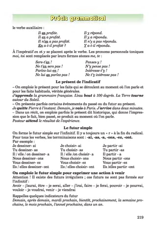 [?иМз gmrniiTTKTfftenn
le verbe auxiliaire :
Il en profite. Il x répond.
Il en a profité. П у ч répondu.
Il n’en a pas profité. Il n’x a pas répondu.
En a-t-il profité ? Y a-t-il répondu.
À l’impératif en et y se placent après le verbe. Les pronoms personnels toniques
moi, toi sont remplacés par leurs formes atones me, te :
Sers-t’en ! Penses-x !
Ne t’en serspas ! N ’x pense pas !
Parlez-lui-en ! Intéresse-t’x !
Ne lui en parlez pas ! Ne t’x intéressepas !
Le présent de l’indicatif
- On emploie le présent pour les faits qui se déroulent au moment où l’on parle et
pour les faits habituels, vérités générales.
J ’apprends la grammaire française. L ’eau bout à 100 degrés. La Terre tourne
autour du Soleil.
- On présente parfois certains événements du passé ou du futur au présent.
Je quitte Pierre à l’instant. Demain,je vais à Paris. J ’arrive dans deux minutes.
- Dans un récit, on emploie parfois le présent dit historique, qui donne l’impres­
sion que le fait, bien passé, se produit au moment où l’on parle.
Pasteur attend le résultat de l ’expérience.
Le futur simple
On forme le futur simple sur l’infinitif. Il y a toujours un « r » à la fin du radical.
Pour tous les verbes, les terrminaisons sont : -ai, -as, -a, -ons, -ez, -ont.
Par exemple :
Je choisir- ai
Tu choisir- as
Il /elle /on choisir- a
Nous choisir- ons
Vous choisir- ez
Ils /elles choisir- ont
Je dessiner- ai
Tu dessiner- as
Il /elle /on dessiner- a
Nous dessiner- ons
Vous dessiner- ez
Ils /elles dessiner- ont
Je partir -ai
Tu partir -as
Il partir - a
Nous partir -ons
Vous partir -ez
Ils /elles partir -ont
On emploie le futur simple pour exprimer une action à venir
Attention ! Il existe des futurs irréguliers ; ces futurs ne sont pas formés sur
l’infinitif :
Avoir - j ’aurai, être - je serai, aller - j ’irai, faire - je ferai, pouvoir - je pourrai,
vouloir - je voudrai, venir - je viendrai
Rappelles quelques indicateurs du futur
Demain, après demain, mardi prochain, bientôt, prochainement, la semaine pro­
chaine, le mois prochain, l ’anneéprochaine, dans un an.
219
 