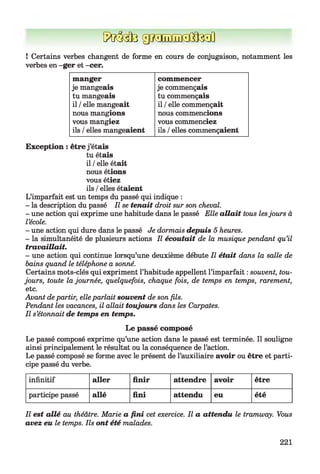 5frM3 grCTîiïîi^fe ïl
! Certains verbes changent de forme en cours de conjugaison, notamment les
verbes en -g e r et -cer.
m anger com m encer
je mangeais je commençais
tu mangeais tu commençais
il /elle mangeait il /elle commençait
nous mangions nous commencions
vous mangiez vous commenciez
ils /elles mangeaient ils /elles commençaient
Exception : être j ’étais
tu étais
il /elle était
nous étions
vous étiez
ils /elles étaient
L’imparfait est un temps du passé qui indique :
- la description du passé II se tenait droit sur son cheval.
- une action qui exprime une habitude dans le passé Elle allait tous lesjours à
l’école.
- une action qui dure dans le passé Je dormais depuis 5 heures.
- la simultanéité de plusieurs actions II écoutait de la musique pendant qu’il
travaillait.
- une action qui continue lorsqu’une deuxième débute II était dans la salle de
bains quand le téléphone a sonné.
Certains mots-clés qui expriment l’habitude appellent l’imparfait : souvent, tou­
jours, toute la journée, quelquefois, chaque fois, de temps en temps, rarement,
etc.
Avant de partir, elle parlait souvent de son fils.
Pendant les vacances, il allait toujours dans les Carpates.
Il s’étonnait de temps en temps.
L e passé composé
Le passé composé exprime qu’une action dans le passé est terminée. Il souligne
ainsi principalement le résultat ou la conséquence de l’action.
Le passé composé se forme avec le présent de l’auxiliaire avoir ou être et parti­
cipe passé du verbe.
infinitif aller fin ir attendre avoir être
participe passé allé fini attendu eu été
Il est allé au théâtre. Marie a fini cet exercice. Il a attendu le tramway. Vous
avez eu le temps. Ils ont été malades.
221
 