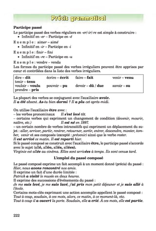 g g ia u E L a Q E t o fl
Participe passé
Le participe passé des verbes réguliers en -erl-irl-re est simple à construire :
• Infinitif en -er - Participe en -é
E x e m p l e : aimer - aimé
• Infinitif en -ir - Participe en -i
E x e m p l e : finir - fini
• Infinitif en -re - Participe en -u
E x e m p l e : vendre - vend«
Les formes du participe passé des verbes irréguliers peuvent être apprises par
cœur et contrôlées dans la liste des verbes irréguliers.
dire - dit
tenir - tenu
écrire - écrit faire - fait venir - venu
vouloir - voulu
prendre - pris
pouvoir - pu devoir - dû /due savoir - su
La plupart des verbes se conjuguent avec l’auxiliaire avoir.
Il a été absent. As-tu bien dorm i ?Il a p lu cet après-midi.
On utilise l’auxiliaire être avec :
- les verbes pronominaux II s’est levé tôt.
- certains verbes qui expriment un changement de condition (devenir, mourir,
naître, etc.) Il est né en 1997.
- un certain nombre de verbes intransitifs qui expriment un déplacement du su­
jet : aller, arriver, partir, rentrer, retourner, sortir, entrer, descendre, monter, tom­
ber, venir et ses composés (excepté :prévenir) ainsi que le verbe rester.
Il est arrivé ce matin. Il est reparti hier.
Si le passé composé se construit avec l’auxiliaire être, le participe passé s’accorde
avec le sujet (allé, allée, allés, allées).
Virginie est allée au cinéma. Elles sont arrivées à temps. Ils sont venus tard.
L’emploi du passé composé
Le passé composé exprime un fait accompli à un moment donné (précis) du passé :
Hier, nous avons rencontré nos amis.
Il exprime un fait d’une durée limitée :
Patrick a visité le musée en deux heures.
Il exprime des successions d’événements du passé :
Je me suis levé, je me suis lavé, j ’ai pris mon petit déjeuner etje suis allé à
l’école.
Certains mots-clés exprimant une action accomplie appellent le passé composé :
Tout à coup, soudain, à ces mots, alors, ce matin, à ce moment-là, etc.
Tout à coup il a ouvert la porte. Soudain, elle a crié. A ces mots, elle est partie.
222
 