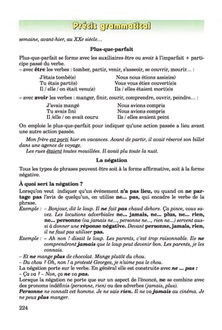 g g ia u E L a Q E t o fl
semaine, avant-hier, au XXe siècle...
Plus-que-parfait
Plus-que-parfait se forme avec les auxiliaires être ou avoir à l’imparfait + parti­
cipe passé du verbe.
- avec être les verbes : tomber, partir, venir, s’asseoir, se couvrir, mourir... :
J’étais tombé(e) Nous nous étions assis(es)
Tu étais parti(e) Vous vous étiez couvert(e)s
Il /elle /on était venu(e) Ils /elles étaient mort(e)s
- avec avoir les verbes : manger, finir, courir, comprendre, ouvrir, peindre... :
J’avais mangé Nous avions compris
Tu avais fini Nous avions compris
Il /elle /on avait couru Ils /elles avaient peint
On emploie le plus-que-parfait pour indiquer qu’une action passée a lieu avant
une autre action passée.
Mon frère est parti hier en vacances. Avant de partir, il avait réservé son billet
dans une agence de voyage.
Les rues étaient toutes mouillées. Il avaitplu toute la nuit.
La négation
Tous les types de phrases peuvent être soit à la forme affirmative, soit à la forme
négative.
À quoi sert la négation ?
Lorsqu’on veut indiquer qu’un événement n’a pas lieu, ou quand on ne par­
tage pas l’avis de quelqu’un, on utilise ne... pas, qui encadre le verbe de la
phrase.
Exemple : - Bonjour, dit le loup. Il ne fait pas chaud dehors. Ça pince, vous sa­
vez. Les locutions adverbiales ne... jamais, ne... plus, ne... rien,
ne... personne (oujamais ne..., personne ne..., rien ne...) servent aus­
si à donner une réponse négative. Devant personne, jamais, rien,
il ne faut pas utiliser pas.
Exemple : - Ah non ! disait le loup. Les parents, c’est trop raisonnable. Ils ne
comprendrontjam a is que le loup peut devenir bon. Les parents, je les
connais.
- Et ne mangeplus de chocolat. Mange plutôt du chou.
- Du chou ? Oh, non ! aprotesté Georges,je n’aime pas le chou.
La négation porte sur le verbe. En général elle est construite avec ne ... pas :
- Ça va ?- Non, ça ne vapas.
Lorsque la négation ne porte que sur un aspect de l’énoncé, ne se combine avec
des pronoms indéfinis (personne, rien) ou des adverbes (jamais, plus).
Personne ne connaît cet homme. Je ne sais rien. Il ne vajam ais au cinéma. Je
ne peux plus manger.
224
 