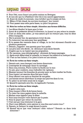 8 Pour l’été, nous (louer) une petite maison en Bretagne.
9. Je suis sûr que tu (s’habituer) très vite à ton nouvel appartement.
10. Avant de rendre la monnaie, vous (vérifier) que le compte est bon.
11. Même s’il fait chaud, les ouvriers (continuer) leur travail.
12. Pour passer sous cette porte basse, tu (plier) les genoux.
12. Mets les verbes au futur simple. Attention aux formes difficiles.
1. Les élèves (étudier) la leçon pour le test.
2. Avant de te présenter devant le directeur, tu (nouer) un peu mieux ta cravate.
3. C’est un chien très calme ; je vous assure qu’il ne (remuer) pas; vous lui dites
d’être tranquille.
4. Dès le premier but, les spectateurs (crier) de joie.
5. Tu (remercier) tes amis pour leur gentillesse.
6 Si tu passes des vacances dans ce village, tu (se lier) sûrement d’amitié avec
plusieurs personnes.
7. Demain, j ’(iappeler•) mes parents pour leur parler.
8. Les prix sont très élevés ; ils (diminuer) sans doute bientôt.
9. J’espère que tu ne (rejeter) pas ma proposition.
10. En vacances, nous (photographier) sûrement de beaux paysages.
11. Après avoir débarrassé la vaisselle, tu (essuyer) les tables et tu (nettoyer) le sol.
12. C’est un bon lutteur; il te (jeter) à terre en une minute.
13. Écris les verbes au futur simple.
1. Demain soir, nous (manger) une bonne choucroute.
2. L’entreprise de nettoyage (laver) le carrelage.
3. Dans cinq minutes, Pierre (coller) la feuille sur le mur.
4. Ce soir, pour conduire, nous (redoubler) de vigilance.
5. Maxime (secouer) les branches du prunier pour en faire tomber les fruits.
6. Vous (copier) cet exercice deux fois pour lundi.
7. Nous (choisir) nos amis en fonction de nos goûts.
8. Les bonnes sœurs (distribuer) la soupe aux pauvres dans la rue.
9. Tu (plier) ta serviette avant de la ranger.
10. Quand le spectacle sera fini, ils (applaudir) l’artiste.
14. Écris les verbes au futur simple.
1. Il (geler) cette nuit.
2. Nous (essayer) d’être là de bonne heure.
3. Tu (jeter) les vieux papiers dans la corbeille.
4. Maman nous (appeler) pour le dîner.
5. Vous nous (envoyer) votre facture par la poste.
6. Nous la (payer) par retour du courrier.
7. C’est moi qui vous (emmener) à la gare.
8. (Oser)-vous défendre votre opinion si vous êtes seul contre tous ?
9. Demain, je (balayer) la neige devant la porte.
10. Quand est-ce que vous (nettoyer) cette voiture ? Demain ou dans trois
semaines ?
23
 
