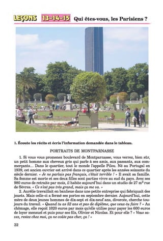 Qui êtes-vous, les Parisiens ?
1. Écoute les récits et écris l’information demandée dans le tableau.
PORTRAITS DE MONTPARNASSE
1. Si vous vous promenez boulevard de Montparnasse, vous verrez, bien sûr,
un petit homme aux cheveux gris qui parle à ses amis, aux passants, aux com­
merçants... Dans le quartier, tout le monde l’appelle Pilou. Né au Portugal en
1939, cet ancien ouvrier est arrivé dans ce quartier après les années soixante du
siècle dernier. « Je ne parlais pas français, c’était terrible ! » Il avait sa famille.
Sa femme est morte et ses deux filles sont parties vivre au sud du pays. Avec ses
980 euros de retraite par mois, il habite aujourd’hui dans un studio de 27 m2rue
de Sèvres. « Ce n’estpas très grand, mais ça me va. »
2. Aurélie travaillait en banlieue dans une petite entreprise qui fabriquait des
jouets. Mais celle-ci a fermé ses portes en septembre dernier. Aujourd’hui, cette
mère de deux jeunes hommes de dix-sept et dix-neuf ans, divorcée, cherche tou­
jours du travail. « Quand tu as 52 ans etpas de diplôme, que veux-tu faire ? » Au
chômage, elle reçoit 1020 euros par mois qu’elle utilise pour payer les 600 euros
de loyer mensuel et puis pour ses fils, Olivier et Nicolas. Et pour elle ? « Vous sa­
vez, restez chez moi, ça ne coûte pas cher, ça ! »
32
 