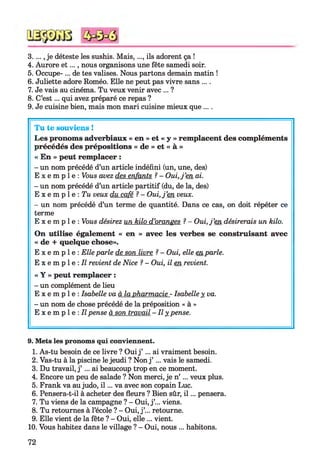 3...., je déteste les sushis. M ais,..., ils adorent ça !
4. Aurore e t ..., nous organisons une fête samedi soir.
5. Occupe-... de tes valises. Nous partons demain matin !
6. Juliette adore Roméo. Elle ne peut pas vivre sans ....
7. Je vais au cinéma. Tu veux venir avec ... ?
8. C’est... qui avez préparé ce repas ?
9. Je cuisine bien, mais mon mari cuisine mieux que ....123456789
Tu te souviens !
Les pronoms adverbiaux « en » et « y » remplacent des compléments
précédés des prépositions « de » et « à »
« En » peut remplacer :
- un nom précédé d’un article indéfini (un, une, des)
E x e m p l e : Vous avez des enfants ?- Oui, j ’en ai.
- un nom précédé d’un article partitif (du, de la, des)
E x e m p l e : Tu veux du café ?- Oui, j ’en veux.
- un nom précédé d’un terme de quantité. Dans ce cas, on doit répéter ce
terme
E x e m p l e : Vous désirez un kilo d’oranges ?- Oui, j ’en désirerais un kilo.
On utilise également « en » avec les verbes se construisant avec
« de + quelque chose».
E x e m p l e : Elle parle de son livre ?- Oui, elle en parle.
E x e m p l e : Il revient de Nice ?- Oui, il en revient.
« Y » peut remplacer :
- un complément de lieu
E x e m p l e : Isabelle va à la pharmacie - Isabelle y va.
- un nom de chose précédé de la préposition « à »
E x e m p l e : Il pense à son travail - Il y_pense.
9. Mets les pronoms qui conviennent.
1. As-tu besoin de ce livre ? Oui j ’ ... ai vraiment besoin.
2. Vas-tu à la piscine le jeudi ? Non j ’ ... vais le samedi.
3. Du travail, j ’ ... ai beaucoup trop en ce moment.
4. Encore un peu de salade ? Non merci, je n’ ... veux plus.
5. Frank va au judo, i l ... va avec son copain Luc.
6. Pensera-t-il à acheter des fleurs ? Bien sûr, i l ... pensera.
7. Tu viens de la campagne ? - Oui, j ’... viens.
8. Tu retournes à l’école ? - Oui, j ’... retourne.
9. Elle vient de la fête ? - Oui, elle ... vient.
10. Vous habitez dans le village ? - Oui, nous ... habitons.
72
 