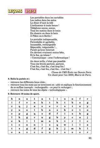 Les portables dans les cartables
Les radios dans les autos
Le dîner d’vant la télé
L’ordinateur à toute heure !
Téléphone sonne, sonne,
Tous les matins dans le train
En chemin ou dans le bain
A Pékin ou à Berlin !
Le portable indispensable,
Formidable et agréable,
Incassable, rechargeable
Réparable, inépuisable !...
Paraît qu’avec Internet
On devient vraiment moins bête,
Et le fax, ça relaxe !
« Communique » avec l’informatique !
An deux mille, c’n’est pas possible
Tous ces bruits partout, partout,
C’est fou, c’est fou, c’est trop fou !
C’est fou, c’est fou, c’est fou... c’est fou !
Classe de CM2 École rue Dunois Paris
Un chant pour l’an 2000, Mairie de Paris.
8. Relis la poésie et :
- retrouve les différents lieux cités ;
- retrouve tous les mots qui se terminent en -able et explique le fonctionnement
de ce suffixe {exemple : rechargeable - on peut le recharger) ;
- retrouve les noms de tous les objets « technologiques ».
9. Retrouve 10 noms de sport.
b n a t a t i o n f r
i f V n h t h t b o g
c q j a z e r s t o y
y U o i b a s k e t o
c P g q s d f i s b g
1 h g r U g b y c a j
e k i 1 m n b V r 1 c
t e n n i s q w i 1 X
t s g d f g h j m k 1
e a Z c o U r s e e r
93
 