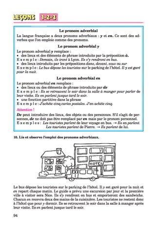 №$JS8
L e pronom adverbial
La langue française a deux pronoms adverbiaux : y et en. Ce sont des ad­
verbes que l’on emploie comme des pronoms.
L e pronom adverbial y
Le pronom adverbial y remplace :
• des lieux et des éléments de phrase introduits par la préposition à.
E x e m p l e : Demain, ils iront à Lyon. Ils s’y rendront en bus.
• des lieux introduits par les prépositions dans, devant, sous ou sur
E x e m p l e : Le bus dépose les touristes sur le parking de l’hôtel. Il y est garé
pour la nuit.
L e pronom adverbial en
Le pronom adverbial en remplace :
• des lieux ou des éléments de phrase introduits par de
E x e m p 1e : Ils se retrouvent le soir dans la salle à manger pour parler de
leur visite. Ils enparlentjusque tard le soir.
• une fonction partitive dans la phrase
E x e m p l e : J ’achète cinq cartes postales. J ’en achète cinq.
Attention !
D e peut introduire des lieux, des objets ou des personnes. S’il s’agit de per­
sonnes, de ne doit pas être remplacé par en mais par le pronom personnel.
E x e m p l e s : Les touristes parlent de leur voyage en bus. -> Ils en parlent.
Les touristes parlent de Pierre. -> Ils parlent de lui.
*0=0=8
10. Lis et observe l’emploi des pronoms adverbiaux.
Le bus dépose les touristes sur le parking de l’hôtel. Il y est garé pour la nuit et
en repart chaque matin. Le guide a prévu une excursion par jour et la première
ville à visiter sera Nice. Ils s’y rendront en bus et emporteront des sandwichs.
Chacun en recevra deux des mains de la cuisinière. Les touristes ne restent donc
à l’hôtel que pour y dormir. Ils se retrouvent le soir dans la salle à manger après
leur visite. Ils en parlent jusque tard le soir.
94
 