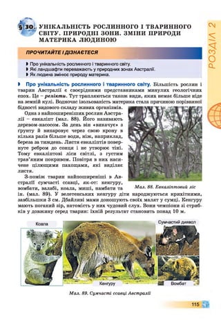 У Н ІКА ЛЬН ІСТЬ РОСЛИННОГО І ТВАРИННОГО
СВІТУ. П РИ РО ДН І ЗОНИ. ЗМ ІНИ ПРИРОДИ
М АТЕРИКА ЛЮ ДИНОЮ
ПРОЧИТАЙТЕ ІДІЗНАЄТЕСЯ
►Про унікальність рослинного і тваринного світу.
І Які ландшафти переважають у природних зонах Австралії.
ЬЯк людина змінює природу материка.
І Про унікальність рослинного і тваринного світу. Більшість рослин і
тварин Австралії є своєрідними представниками минулих геологічних
епох. Це - релікти. Тут трапляються також види, яких немає більше ніде
на земній кулі. Водночас ізольованість материка стала причиною порівняної
бідності видового складу живих організмів.
Одна з найпоширеніших рослин Австра­
лії - евкаліпт (мал. 88). Його називають
деревом-насосом. За день він «викачує» з
ґрунту й випаровує через свою крону в
кілька разів більше води, ніж, наприклад,
береза за тиждень. Листя евкаліптів повер­
нуте ребром до сонця і не утворює тіні.
Тому евкаліптові ліси світлі, з густим
трав’яним покривом. Повітря в них наси­
чене цілющими пахощами, які виділяє
листя.
З-поміж тварин найпоширеніші в Ав­
стралії сумчасті ссавці, як-от: кенгуру,
вомбати, валабі, коала, миші, намбати та Мал. 88. Евкаліптовий ліс
ін. (мал. 89). У велетенських кенгуру діти народжуються крихітними,
завбільшки 3 см. Дбайливі мами доношують своїх малят у сумці. Кенгуру
мають поганий зір, натомість у них чудовий слух. Вони чемпіони зі стриб­
ків у довжину серед тварин: їхній результат становить понад 10 м.
диявол
ВомбатКенгуру
Коала
Мал. 89. Сумчасті ссавці Австралії
115
РОЗДІЛ2
 