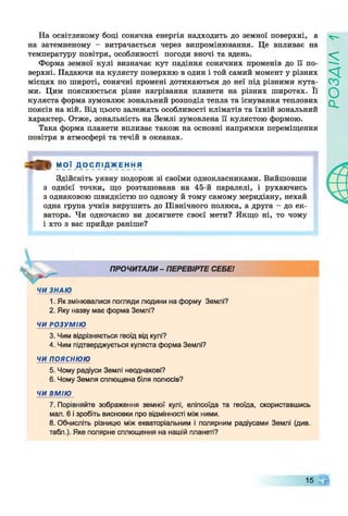 На освітленому боці сонячна енергія надходить до земної поверхні, а
на затемненому - витрачається через випромінювання. Це впливає на
температуру повітря, особливості погоди вночі та вдень.
Форма земної кулі визначає кут падіння сонячних променів до її по­
верхні. Падаючи на кулясту поверхню в один і той самий момент у різних
місцях по широті, сонячні промені дотикаються до неї під різними кута­
ми. Цим пояснюється різне нагрівання планети на різних широтах. Її
куляста форма зумовлює зональний розподіл тепла та існування теплових
поясів на ній. Від цього залежать особливості кліматів та їхній зональний
характер. Отже, зональність на Землі зумовлена її кулястою формою.
Така форма планети впливає також на основні напрямки переміщення
повітря в атмосфері та течій в океанах.
О » МОЇ Д О С Л І Д Ж Е Н Н Я
Здійсніть уявну подорож зі своїми однокласниками. Вийшовши
з однієї точки, що розташована на 45-й паралелі, і рухаючись
з однаковою швидкістю по одному й тому самому меридіану, нехай
одна група учнів вирушить до Північного полюса, а друга - до ек­
ватора. Чи одночасно ви досягнете своєї мети? Якщо ні, то чому
і хто з вас прийде раніше?
ПРОЧИТАЛИ - ПЕРЕВІРТЕ СЕБЕ!
1. Як змінювалися погляди людини на форму Землі?
2. Яку назву має форма Землі?
ЧИ РОЗУМІЮ
3. Чим відрізняється геоїд від кулі?
4. Чим підтверджується куляста форма Землі?
ЧИ ПОЯСНЮЮ
5. Чому радіуси Землі неоднакові?
6. Чому Земля сплющена біля полюсів?
ЧИ ВМІЮ
7. Порівняйте зображення земної кулі, еліпсоїда та геоїда, скориставшись
мал. 6 і зробіть висновки про відмінності між ними.
8. Обчисліть різницю між екваторіальним і полярним радіусами Землі (див.
табл.). Яке полярне сплющення на нашій планеті?
15 Щ
РОЗДІЛ
 