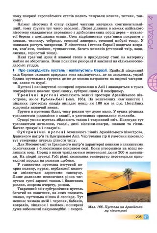 йому покриві європейських степів колись панували ковила, типчак, тон­
коніг.
Клімат лісостепу й степу східної частини материка континентальні-
ший, тому ґрунти тут часто засолені. Лісові ділянки в межах азійського
лісостепу складаються переважно з дрібнолистяних порід дерев - пухнас­
тої берези з домішками осики. Степ відрізняється трав’яним покривом з
ковили, типчаку, чебрецю, степової люцерни, степової цибулі тощо. У
пониззях ростуть чагарники. У лісостепах і степах Євразії водяться ховра­
хи, хом’яки, полівки, тушканчики, багато хижаків (степовий тхір, вовк,
лисиця, горностай тощо).
Нині трав’яні луки й злакові степи в природному стані на материку
майже не збереглися. Вони повністю розорані й замінені на сільськогоспо­
дарські угіддя.
І Про своєрідність пустель і напівпустель Євразії. Крайній південний
схід Європи охоплює природна зона напівпустель, де на засолених, украй
бідних пустельних ґрунтах де-не-де можна натрапити на окремі чагарни­
ки, злаки та кураї.
Пустелі і напівпустелі поширені переважно в Азії і знаходяться в трьох
географічних поясах: тропічному, субтропічному й помірному.
Т р о п і ч н і п у с т е л і охоплюють великі простори Аравійського пів­
острова, як-от Руб-ель-Халі (мал. 166). На величезних кам’янистих і
піщаних просторах опадів випадає менш як 100 мм за рік. Постійних
водотоків зазвичай немає.
Ґрунти в пустелях бідні, тому рослин тут дуже мало. У сухих річищах
трапляються рідколісся з акації, в улоговинах прижилися солелюби.
Суворі умови пустель збіднюють також і тваринний світ. Подекуди тут
трапляються антилопи, газелі, дикі віслюки-онагри, шакали та гієни.
Багато гризунів і плазунів.
С у б т р о п і ч н і п у с т е л і охоплюють північ Аравійського півострова,
Іранського нагір’я та Центральної Азії. Чергування гір й улоговин зумовило
тут утворення пустель різного типу.
Для Месопотамії та Іранського нагір’я характерні пониззя з глинистими
солончаками з білосніжним покривом солі. Вони утворилися на місці ко­
лишніх озер. Поряд з ними трапляються велетенські дюни 200 м заввиш­
ки. На півдні пустелі Гобі різкі коливання температур перетворили крис­
талічні породи на розсипи щебеню.
У глинистих пустелях негустий по­
крив полину, кураю, верблюжої колюч­
ки змінюється заростями саксаулу.
Лише долинами невеличких річок тяг­
нуться густі зарості тополь і болотяних
рослин, зокрема очерету, рогози.
Тваринний світ субтропічних пустель
багатий на копитних, на яких полюють
шакал, пустельна кішка й леопард. Тут
мешкає чимало змій і черепах, бабаків,
ховрахів, піщанок і полівок, поширені „ .
дуже небезпечні павукоподібні - скорпі- му півострові
205
РОЗДІЛ4
 