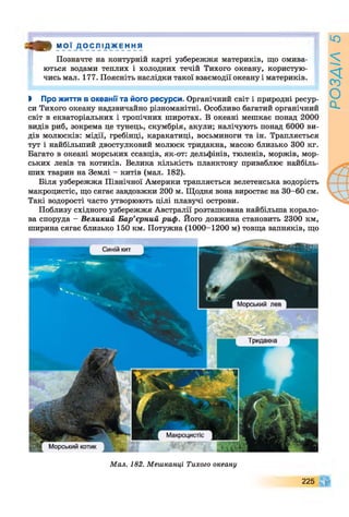 т МОЇ Д О С Л І Д Ж Е Н Н Я
Позначте на контурній карті узбережжя материків, що омива­
ються водами теплих і холодних течій Тихого океану, користую­
чись мал. 177. Поясніть наслідки такої взаємодії океану і материків.
І Про життя в Океанії та його ресурси. Органічний світ і природні ресур­
си Тихого океану надзвичайно різноманітні. Особливо багатий органічний
світ в екваторіальних і тропічних широтах. В океані мешкає понад 2000
видів риб, зокрема це тунець, скумбрія, акули; налічують понад 6000 ви­
дів молюсків: мідії, гребінці, каракатиці, восьминоги та ін. Трапляється
тут і найбільший двостулковий молюск тридакна, масою близько 300 кг.
Багато в океані морських ссавців, як-от: дельфінів, тюленів, моржів, мор­
ських левів та котиків. Велика кількість планктону приваблює найбіль­
ших тварин на Землі - китів (мал. 182).
Біля узбережжя Північної Америки трапляється велетенська водорість
макроцистіс, що сягає завдовжки 200 м. Щодня вона виростає на 30-60 см.
Такі водорості часто утворюють цілі плавучі острови.
Поблизу східного узбережжя Австралії розташована найбільша корало­
ва споруда - Великий Бар’єрний риф. Його довжина становить 2300 км,
ширина сягає близько 150 км. Потужна (1000-1200 м) товща вапняків, що
М орський котик
Синіи кит
Тридакна
М акроцистіс
М орський лев
М ал. 182. М еш канці Тихого океану
225
РОЗДІЛ5
 