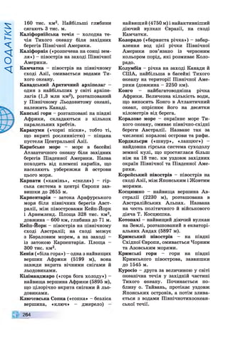 ДОДАТКИ
160 тис. км2. Найбільші глибини
сягають 3 тис. м.
Каліфорнійська течія - холодна те­
чія Тихого океану біля західних
берегів Північної Америки.
Каліфорнія («розпечена на сонці зем­
ля») - півострів на заході Північної
Америки.
Камчатка - півострів на північному
сході Азії, омивається водами Ти­
хого океану.
Канадський Арктичний архіпелаг
один з найбільших у світі архіпе­
лагів (1,3 млн км2), розташований
у Північному Льодовитому океані,
належить Канаді.
Капські гори - розташовані на півдні
Африки, складаються з кількох
паралельних хребтів.
Каракуми («чорні піски», тобто ті,
що вкриті рослинністю) - піщана
пустеля Центральної Азії.
Карибське море - море в басейні
Атлантичного океану біля західних
берегів Південної Америки. Назва
походить від племені карибів, що
населяють узбережжя й острови
цього моря.
Карпати («камінь», «скеля») - гір­
ська система в центрі Європи зав­
вишки до 2655 м.
Карпентарія - затока Арафурського
моря біля північних берегів Авст­
ралії, між півостровами Кейп-Йорк
і Арнемленд. Площа 328 тис. км2,
довжина - 600 км, глибина до 71 м.
Кейп-Йорк - півострів на північному
сході Австралії; на сході межує
з Кораловим морем, а на заході -
із затокою Карпентарія. Площа -
300 тис. км2.
Кенія («біла гора») - одна з найвищих
вершин Африки (5199 м), вона
завжди вкрита вічними снігами й
льодовиками.
Кіліманджаро («гора бога холоду») -
найвища вершина Африки (5895 м),
що цілорічно вкрита снігами й льо­
довиками.
Ключевська Сопка («сопка» - безліса
вершина, «ключ» - джерело)
найвищий (4750 м) і найактивніший
діючий вулкан Євразії, на сході
Камчатки.
Колорадо («барвиста річка») - забар­
влення вод цієї річки Північної
Америки пов’язано із червоним
кольором порід, які розмиває Коло­
радо.
Колумбія - річка на заході Канади й
СІЛА, найбільша в басейні Тихого
океану на території Північної Аме­
рики (довжина - 2250 км).
Конго - найбагатоводніша річка
Африки. Величезна кількість води,
що виносить Конго в Атлантичний
океан, опріснює його на десятки
кілометрів від берега.
Коралове море - окраїнне море Ти­
хого океану, омиває північно-східні
береги Австралії. Назване так за
численні коралові острови та рифи.
Кордильєри («шнур», «ланцюг») —
найдовша гірська система суходолу
земної кулі, що простяглася більш
ніж на 18 тис. км уздовж західних
окраїн Північної та Південної Аме­
рики.
Корейський півострів - півострів на
сході Азії, між Японським і Жовтим
морями.
Косцюшко - найвища вершина Ав­
стралії (2230 м), розташована в
Австралійських Альпах. Названа
на честь політичного й військового
діяча Т. Косцюшка.
Котопахі - найвищий діючий вулкан
на Землі, розташований в екваторі­
альних Андах (5897 м).
Кримський півострів - на півдні
Східної Європи, омивається Чорним
та Азовським морями.
Кримські гори - гори на півдні
Кримського півострова, заввишки
до 1545 м.
Куросіо - друга за величиною у світі
океанічна течія у західній частині
Тихого океану. Починається по­
близу о. Тайвань, протікає уздовж
Японських островів, а потім злива­
ється з водами Північнотихоокеан-
ської течії.
264
 
