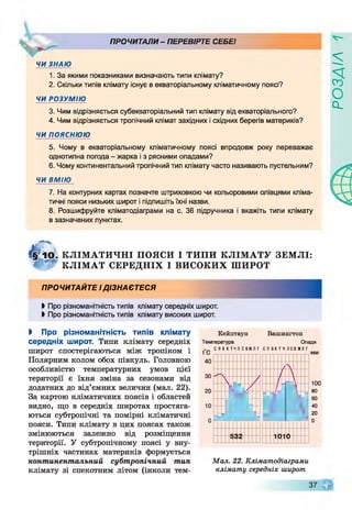 ПРОЧИТАЛИ - ПЕРЕВІРТЕ СЕБЕ!
ЧИ ЗНАЮ
1. За якими показниками визначають типи клімату?
2. Скільки типів клімату існує в екваторіальному кліматичному поясі?
ЧИ РОЗУМІЮ
3. Чим відрізняється субекваторіальний тип клімату від екваторіального?
4. Чим відрізняється тропічний клімат західних і східних берегів материків?
ЧИ п о я с н ю ю
5. Чому в екваторіальному кліматичному поясі впродовж року переважає
однотипна погода - жарка і з рясними опадами?
6. Чому континентальний тропічний тип клімату часто називають пустельним?
ЧИ ВМІЮ
7. На контурних картах позначте штриховкою чи кольоровими олівцями кліма­
тичні пояси низьких широт і підпишіть їхні назви.
8. Розшифруйте кліматодіаграми на с. 36 підручника і вкажіть типи клімату
в зазначених пунктах.
КЛІМ А ТИ ЧН І ПОЯСИ І ТИПИ КЛІМ АТУ ЗЕМ ЛІ:
КЛІМ АТ СЕРЕДНІХ І ВИСОКИХ ШИРОТ
ПРОЧИТАЙТЕ ІДІЗНАЄТЕСЯ
І Про різноманітність типів клімату середніх широт.
►Про різноманітність типів клімату високих широт.
І Про різноманітність типів клімату
середніх широт. Типи клімату середніх
широт спостерігаються між тропіком і
Полярним колом обох півкуль. Головною
особливістю температурних умов цієї
території є їхня зміна за сезонами від
додатних до від’ємних величин (мал. 22).
За картою кліматичних поясів і областей
видно, що в середніх широтах простяга­
ються субтропічні та помірні кліматичні
пояси. Типи клімату в цих поясах також
змінюються залежно від розміщення
території. У субтропічному поясі у вну­
трішніх частинах материків формується
континентальний субтропічний тип
клімату зі спекотним літом (інколи тем-
Кейптаун Вашингтон
Температура Опади
С Л Б К Т Ч Л С В Ж Л Г С Л Б К Т Ч Л С В Ж Л Г
ге
40 -----------------
1111ІШ ШШІ
100
80
60
40
20
Мал. 22. Кліматодіаграми
клімату середніх широт
37 Щ
РОЗДІЛ
 