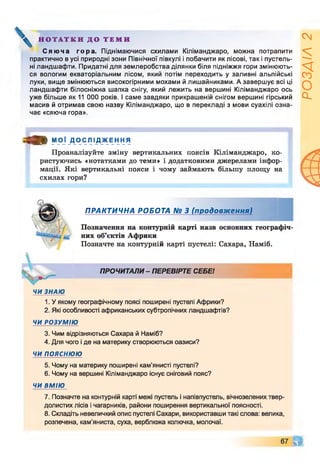 Н О Т А Т К И Д О Т Е М И
С я ю ч а гора. Піднімаючися схилами Кіліманджаро, можна потрапити
практично в усі природні зони Північної півкулі і побачити як лісові, так і пустель­
ні ландшафти. Придатні для землеробства ділянки біля підніжжя гори змінюють­
ся вологим екваторіальним лісом, який потім переходить у заливні альпійські
луки, вище змінюються високогірними мохами й лишайниками. А завершує всі ці
ландшафти білосніжна шапка снігу, який лежить на вершині Кіліманджаро ось
уже більше як 11 000 років. І саме завдяки прикрашеній снігом вершині гірський
масив й отримав свою назву Кіліманджаро, що в перекладі з мови суахілі озна­
чає «сяюча гора».
О » МОЇ Д О С Л І Д Ж Е Н Н Я
Проаналізуйте зміну вертикальних поясів Кіліманджаро, ко­
ристуючись «нотатками до теми» і додатковими джерелами інфор­
мації. Які вертикальні пояси і чому займають більшу площу на
схилах гори?
ПРАКТИЧНА РОБОТА N9 3 (продовження)
Позначення на контурній карті назв основних географія'
них об’єктів Африки
Позначте на контурній карті пустелі: Сахара, Наміб.
ПРОЧИТАЛИ - ПЕРЕВІРТЕ СЕБЕ!
1. У якому географічному поясі поширені пустелі Африки?
2. Які особливості африканських субтропічних ландшафтів?
ЧИ РОЗУМІЮ
3. Чим відрізняються Сахара й Наміб?
4. Для чого і де на материку створюються оазиси?
ЧИ пояснюю
5. Чому на материку поширені кам’янисті пустелі?
6. Чому на вершині Кіліманджаро існує сніговий пояс?
ЧИ ВМІЮ
7. Позначте на контурній карті межі пустель і напівпустель, вічнозелених твер-
долистих лісів і чагарників, райони поширення вертикальної поясності.
8. Складіть невеличкий опис пустелі Сахари, використавши такі слова: велика,
розпечена, кам’яниста, суха, верблюжа колючка, молочаї.
67 ЧГ
РОЗДІЛ2
 