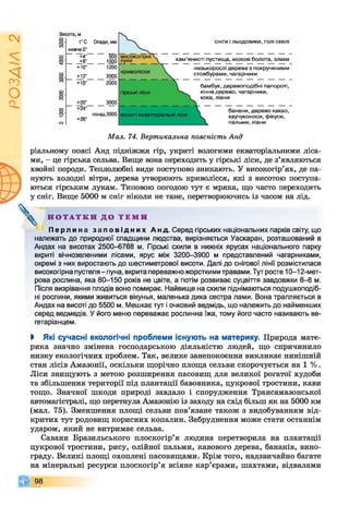 ІZlVSO
Висота, м
ҐС
нижче 0'
Опади, мм
+4" 500
+8’ 1000
+10’ 1200
+12’ 2000
+15’ 2000
+20’ 3000
+24’
+26’
понад 3000
сніги ільодовики, голі скелі
кам'янисті пустища, мохові болота, злаки
низькорослі дерева з покрученими
стовбурами, чагарники
бамбук, деревоподібні папороті,
хінне дерево, чагарники,
кока, ліани
банани, дерево какао,
каучуконоси, фікуси,
пальми, ліани
Мал. 74. Вертикальна поясність Анд
ріальному поясі Анд підніжжя гір, укриті вологими екваторіальними ліса­
ми, —це гірська сельва. Вище вона переходить у гірські ліси, де з’являються
хвойні породи. Теплолюбні види поступово зникають. У високогір’ях, де па­
нують холодні вітри, дерева утворюють криволісся, які з висотою поступа­
ються гірським лукам. Типовою погодою тут є мряка, що часто переходить
у сніг. Вище 5000 м сніг ніколи не тане, перетворюючись із часом на лід.
ч
Н О Т А Т К И Д О Т Е М И
П е р л и н а з а п о в і д н и х Анд. Серед гірських національних парків світу, що
належать до природної спадщини людства, вирізняється Уаскаран, розташований в
Андах на висотах 2500-6768 м. Гірські схили в нижніх ярусах національного парку
вкриті вічнозеленими лісами, ярус між 3200-3900 м представлений чагарниками,
окремі з них виростають до шестиметрової висоти. Далі до снігової лінії розмістилася
високогірна пустеля - луна, вкрита переважно жорсткими травами. Тут росте 10-12-мет-
рова рослина, яка 80-150 років не цвіте, а потім розвиває суцвіття завдовжки 6-8 м.
Після визрівання плодів воно помирає. Найвище на схили піднімаються подушкоподіб-
ні рослини, якими живиться вікунья, маленька дика сестра лами. Вона трапляється в
Андах на висоті до 5500 м. Мешкає тут і очковий ведмідь, що належить до найменших
серед ведмедів. У його меню переважає рослинна їжа, тому його часто називають ве­
гетаріанцем.
> Які сучасні екологічні проблеми існують на материку. Природа мате­
рика значно змінена господарською діяльністю людей, що спричинило
низку екологічних проблем. Так, велике занепокоєння викликає нинішній
стан лісів Амазонії, оскільки щорічно площа сельви скорочується на 1 %.
Ліси знищують з метою розширення пасовищ для великої рогатої худоби
та збільшення території під плантації бавовника, цукрової тростини, кави
тощо. Значної шкоди природі завдало і спорудження Трансамазонської
автомагістралі, що перетнула Амазонію із заходу на схід більш як на 5000 км
(мал. 75). Зменшення площі сельви пов’язане також з видобуванням від­
критих тут родовищ корисних копалин. Забруднення може стати останнім
ударом, який не витримає сельва.
Савани Бразильського плоскогір’я людина перетворила на плантації
цукрової тростини, рису, олійної пальми, кавового дерева, бананів, вино­
граду. Великі площі охоплені пасовищами. Крім того, надзвичайно багате
на мінеральні ресурси плоскогір’я всіяне кар’єрами, шахтами, відвалами
98
 