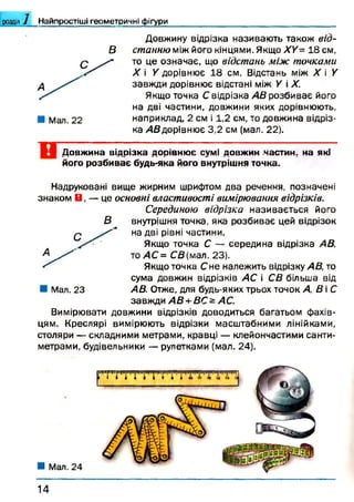 Довжину відрізка називають також від­
станню між його кінцями. Якщо ХУ= 18 см,
то це означає, що відстань між точками
X і У дорівнює 18 см. Відстань між X і У
завжди дорівнює відстані між У і X.
Якщо точка С відрізка АВ розбиває його
на дві частини, довжини яких дорівнюють,
наприклад, 2 см і 1,2 см, то довжина відріз­
ка АВ дорівнює 3,2 см (мал. 22).
Довжина відрізка д о р ів н ю є с у м і д о в ж и н .частин, на які
його розбиває будь-яка його внутрішня точка.
розділ і Найпростіші геометричні фігури__________________________________________
В
Надруковані вище жирним шрифтом два речення, позначені
знаком Н , — це основні властивості вимірювання відрізків.
Серединою відрізка називається його
внутрішня точка, яка розбиває цей відрізок
на дві рівні частини.
Якщо точка С — середина відрізка А В,
зо АС = СВ(мал. 23).
Якщо точка С не належить відрізку А В, то
сума довжин відрізків АС і СВ більша від
АВ. Отже, для будь-яких трьох точок А, В і С
завж ди АВ +В С А С .
Вимірювати довжини відрізків доводиться багатьом фахів­
цям. Креслярі вимірюють відрізки масштабними лінійками,
столяри — складними метрами, кравці — клейончастими санти­
метрами, будівельники — рулетками (мал. 24).
Мал. 23
1 4
 