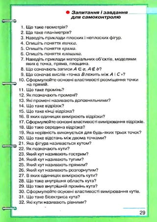 • Запитання і завдання
д л я самоконтролю
1. Що таке геометрія?
2. Що таке планіметрія?
3. Наведіть приклади плоских і неплоских фігур.
4. Опишіть поняття точка.
5. Опишіть поняття пряма.
6. Опишіть поняття площина.
7. Наведіть приклади матеріальних о б ’єктів, моделями
яких є тонка, пряма, площина.
8. Що означають записи А Є а, А&. Ь7
9. Що означає вислів «точка /Злежить між А і С »?
10. Сформулюйте основні властивості розміщ ення точки
на прямій.
11. Що таке промінь?
12. Як позначають промені?
13. Які промені називаю ть доповняльними?
14. Що таке відрізок?
15. Що таке кінці відрізка?
16. В яких одиницях вимірюють відрізки?
17. Сформулюйте основні властивості вимірювання відрізків.
18. Що таке середина відрізка?
19. Яка нерівність виконується для будь-яких трьох точок?
20. Що таке відстань між двом а точками?
21. Яка фігура називається кутом?
22. Як позначають кути?
23. Який кут називаю ть гострим?
24. Який кут називають тупим?
25. Який кут називають прямим?
26. Який кут називають розгорнутим?
27. В яких одиницях вимірюють кути?
28. Що таке внутрішня область кута?
29. Що таке внутрішній промінь кута?
30. Сформулюйте основні властивості вимірювання кутів.
31. Що таке бісектриса кута?
32. Які кути називають рівними?
2 9
 