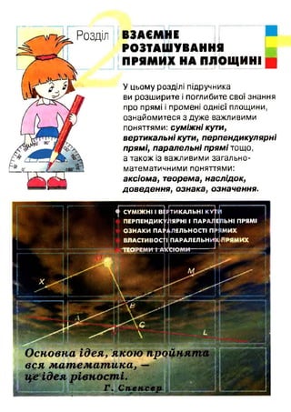 Розділ ВЗАЄМНЕ
РОЗТАШУВАННЯ
ПРЯМИХ НА ПЛОЩИНІ
У цьому розділі підручника
ви розш ирите і поглибите свої знання
про прямі і промені однієї площини,
ознайом итеся з дуже важливими
поняттями: суміжні кути,
вертикальні кути, перпендикулярні
прямі, паралельні прямі тощ о,
а також із важливими загально-
математичними поняттями:
аксіома, теорема, наслідок,
доведення, ознака, означення.
СУМІЖНІ і ВІ
ПЕРПЕНДИК
ОЗНАКИ ПАЇ
ВПАСТИВОС'
ТИКАЛЬНІКУТИ
1ЯРНІ І ПАРАДЕ ЬНІ І
ЛЕЛЬНОСТІ ПРЯМИХ
ПАРАЛЕЛЬНИХ; £ЧІ*Я*
ЬНІ ПРЯМІ
V
> **кавам
Основна ідея, якою пройнята
вся математика, —
це ідея рівності.
Г. Спенсер
 