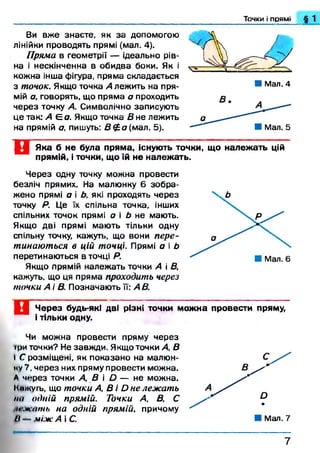 Точки і прям* § 1
Ви вж е знаєте, як за допомогою
лінійки проводять прямі (мал, 4).
Пряма в геометрії — ідеально рів­
на і нескінченна в обидва боки. Як і
кожна інша фігура, пряма складається
з точок. Якщо точка А лежить на пря­
мій а, говорять, що пряма а проходить
через точку А. Символічно записують
це так: А Є а. Якщо точка В не лежить
на прямій а, пишуть: В £ а { мал. 5).
■ Мал. 4
1 ] Яка б не була пряма, існують точки, що належать цій
прямій, і точки, що їй не належать.
Ч ерез одну точку можна провести
безліч прямих. На малюнку 6 зобра­
жено прямі а і Ь, які проходять через
точку Р. Це їх спільна точка, інших
спільних точок прямі а і Ь не мають.
Якщо дві прямі маю ть тільки одну
спільну точку, кажуть, що вони пере­
тинаються в цій точці. Прямі а і Ь
перетинаю ться в точці Р.
Якщо прямій належ ать точки А і В,
кажуть, що ця пряма проходить через
точки А і В. Позначають її: А В.
Через будь-які дві різні точки можна провести пряму,
і тільки одну.
Чи можна провести пряму через
іри точки? Не завж ди. Якщо точки А, В
І С розміщені, як показано на малюн­
ку 7, через них пряму провести можна.
А через точки А, В і О — не можна.
Кажугь, що точки А, В і О не лежать
па одній прямій. Точки А, В, С
и-жать на одній прямій, причому
И — між А і С.
7
 