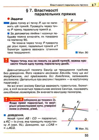 Властивості паралельних прямих § 7
§ 7. Властивості
паралельних прямих
• Задач а
■ Дано пряму о і точку Р, що не нале­
жить цій прямій. Проведіть через точ­
ку Р пряму, паралельну прямій а.
■ За допомогою лінійки і косинця по­
будову можна виконати, як показано
на малюнку 90.
Чи можна через точку Р провести
дві різні прямі, паралельні прямій а ?
Геометри здавна вваж али істинним
таке твердження:
Через точку, яка не лежить на даній прямій, можна про­
вести тільки одну пряму, паралельну даній.
Давньогрецький геометр Евкпід це твердж ення прийняв
б ез доведення. Його назвали аксіомою Евкліда, тому що всі
твердження, які приймають без доведення, називають
аксіомами. (Детальніше про аксіоми ітеореми — в наступному
параграфі.)
Не всі вчені аксіому Евкліда вважаю ть правильною. Геомет­
рію, в якій визнається правильною аксіома Евкліда, називаю ть
евклідовою геометрією. Ви вивчаєте евклідову геометрію.
(обернена до теореми 3).
Якщо прямі паралельні, то внут­
рішні різносторонні кути, утворені
ними з січною, рівні.
■ ДОВЕДЕННЯ.
Нехай прямі АВ і С£> — паралельні,
а КС— їх січна, яка проходить через точ­
ку А (мал. 91). Доведемо, що ЕСАВ =
= £АСО.
5 5
 
