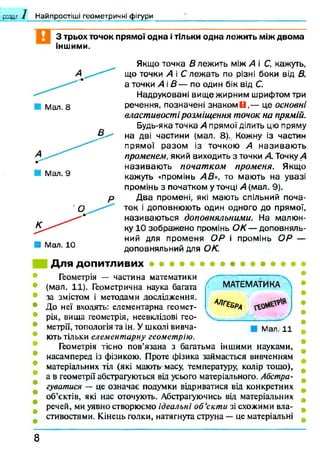 розділ і Найпростіші геометричні фігури
З трьох точок прямої одна і тільки одна лежить між двома
Якщо точка влеж и ть між А і С, кажуть,
що точки А і С лежать по різні боки від В,
а точки А і В — по один бік від С.
Надруковані вище жирним шрифтом три
речення, позначені знаком О ,— це основні
властивостірозміщення точок на прямій.
Будь-яка точка А прямої ділить цю пряму
на дві частини (мал. 8).. Кожну із частин
прямої разом із точкою А називаю ть
променем, який виходить з точки А Точку А
називаю ть початком променя. Якщо
кажуть «промінь АВ», то мають на увазі
промінь з початком у точці А (мал. 9).
Два промені, які мають спільний поча­
ток і доповнюють один одного до прямої,
називаються доповняльними. На малюн­
ку 10 зображено промінь ОК — доповняль­
ний для променя ОР і промінь ОР —
доповняльний для ОК.
Для допитливих
Геометрія — частина математики
(мал. 11). Геометрична наука багата
за змістом і методами дослідження.
До неї входять: елементарна геомет­
рія, виша геометрія, неевклідові гео­
метрії, топологія та ін. У школі вивча­
ють тільки елементарну геометрію.
Геометрія тісно пов’язана з багатьма іншими науками,
насамперед із фізикою. Проте фізика займається вивченням
матеріальних тіл (які мають масу, температуру, колір тощо),
а в геометрії абстрагуються від усього матеріального. Абстра­
гуватися — це означає подумки відриватися від конкретних
об’єктів, які нас оточують. Абстрагуючись від матеріальних
речей, ми уявно створюємо ідеальні об’єкти зі схожими вла­
стивостями. Кінець голки, натягнута струна —це матеріальні
МАТЕМАТИКА
І
А*г&Р4
Мал. 11
іншими.
■ Мал. 10
8
 