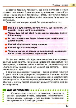 Т е о р е м и і а к с іо м и § 8
Доводячи теорему, показують, що вона випливає з інших
істинних твердж ень. Однак на початку вивчення геометрії ще
ніяких «інших істинних тверджень» немає. Тому кілька перших
твердж ень звичайно приймають без доведень. їх називаю ть
аксіомами.
Деякі аксіоми вам уже відомі. Сформулюємо їх ще раз.
Яка б не була пряма, існують точки, що належать цій
прямій, і точки, що їй не належать.
Через будь-які дві різні точки можна провести пряму,
і тільки одну.
■ Із трьох точок прямої одна і тільки одна лежить між
двома іншими.
■ Кожний відрізок має певну довжину.
■ Кожний кут має певну міру.
■ Через точку, що не лежить на даній прямій, можна про­
вести тільки одну пряму, паралельну даній.
Від теорем і аксіом слід відрізняти означення, в яких розкри­
вається зміст поняття. Наприклад: «Відрізком називається час­
тина прямої, обмеж ена двом а точками» — означення відрізка;
«Гострим кутом називається кут, менший від прямого» — озн а­
чення гострого кута.
В означеннях, аксіомах ітеоремах — основний зміст геометрії,
їх треба знати, але формулювати (правильно!) можна і своїми
словами. Наприклад, означення відрізка можна формулювати
так: «Відрізок — це частина прямої, обмеж ена двом а її точками»
або так: «Частину прямої, обмежену двома її точками, н ази ва­
ють відрізком».
■ і Для допитливих
#
Слово аксіома грецького походження; спочатку це
словом означало: повага, авторитет, незаперечність;
згодом словом «аксіома» стали називати твердження, 9
яке приймається без обґрунтування. #
6 3
 
