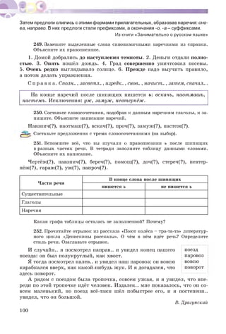 Затем предлоги слились с этими формами прилагательных, образовав наречия: сно­
ва, направо. В них предлоги стали префиксами, а окончания -о, -а - суффиксами.
Из книги «Занимательно о русском языке»
249. Замените выделенные слова синонимичными наречиями из справки.
Объясните их правописание.
1. Домой добрались до наступления темноты. 2. Деньги отдали полно­
стью. 3. Опять пошёл дождь. 4. Град совершенно уничтожил посевы.
5. Очень редко выглядывало солнце. 6. Прежде надо выучить правило,
а потом делать упражнения.
С п р а в к а . Сполн.., засветл.., изредк.., снов.., начнет.., затем, сначал...
На конце наречий после шипящих пишется ь: вскачь, наотмашь,
настежь. Исключения: уж, замуж, невтерпёж.
250. Составьте словосочетания, подобрав к данным наречиям глаголы, и за­
пишите. Объясните написание наречий.
Навзнич(?), наотмаш(?), вскач(?), проч(?), замуж(?), настеж(?).
Составьте предложения с тремя словосочетаниями (на выбор).
251. Вспомните всё, что вы изучали о правописании ь после шипящих
в разных частях речи. В тетради заполните таблицу данными словами.
Объясните их написание.
Чертёж(?), навзнич(?), береч(?), помощ(?), доч(?), стереч(?), невтер­
пёж^), гараж(?), уж(?), напроч(?).
Части речи
В конце слова после шипящих
пишется ь не пишется ъ
Существительные
Глаголы
Наречия
Какая графа таблицы осталась не заполненной? Почему?
252. Прочитайте отрывок из рассказа «Поют колёса - тра-та-та» литератур­
ного цикла «Денискины рассказы». О чём в нём идёт речь? Определите
стиль речи. Озаглавьте отрывок.
И случайн.. я посмотрел направ.. и увидел конец нашего
поезда: он был полукруглый, как хвост.
Я тогда посмотрел налев.. и увидел наш паровоз: он вовсю
карабкался вверх, как какой-нибудь жук. И я догадался, что
здесь поворот.
А рядом с поездом была тропочка, совсем узкая, и я увидел, что впе­
реди по этой тропочке идёт человек. Издалек.. мне показалось, что он со­
всем маленький, но поезд всё-таки шёл побыстрее его, и я постепенн..
увидел, что он большой.
В. Драгунский
поезд
паровоз
вовсю
поворот
100
 