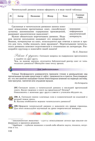 Читательский дневник можно оформить и в виде такой таблицы:
№ Автор Название Жанр Тема
Главные
герои
Сделанные в читательском дневнике записи помо­
гают осмыслению прочитанных книг, способствуют
лучшему запоминанию содержания произведений,
помощник
информация
аналитический
почерпнуть
развивают аналитическое мышление1
Нужно обязательно перечитывать дневник. Неда­
ром многие школьники называют его шпаргалкой.
Знания, почерпнутые из книг, используются при ответах в школе и про­
сто для того, чтобы показать свою эрудицию2. Перечитывание читатель­
ского дневника поможет подготовиться к сочинениям по литературе. Рас­
ширяйте кругозор и помогайте своей памяти!
По Е. Ляшенко
Р а б о т а В г р у п п а х . Составьте вопросы по содержанию прочитанного
и задайте их друг другу.
Чем, по вашему мнению, отличается библиотечный реестр книг от чита­
тельского дневника? Обоснуйте свою точку зрения.
Для любознательных
Учёные Оксфордского университета признали чтение и размышление над
прочитанным лучшим средством от забот, тревожности и стресса. Они утвержда­
ют, что эти занятия оказывают более благотворное влияние на нервную систему,
чем прогулки, чаепития или слушание музыки.
Из Интернета
297. Составьте запись в читательский дневник о последней прочитанной
книге. Какие сведения о книге вы представили? Почему?
Ознакомьтесь с записями друг друга и вместе с учителем обсудите их.
298. А. Составьте список ключевых слов и словосочетаний по языковой и
речевой темам урока.
Б. Каковы особенности ведения читательского дневника?
299. Оформите читательский дневник и заполните его первые страницы.
Для этого используйте изученный на уроке теоретический материал.
1Аналитйческое мышление - зде сь : использование логики при анализе ин­
формации и принятии решений.
2Эрудйция - глубокие познания в какой-либо области науки, техники, искус­
ства и т.п.
116
 