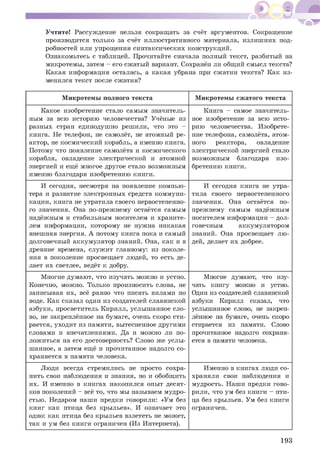 Учтите! Рассуждение нельзя сокращать за счёт аргументов. Сокращение
производится только за счёт иллюстративного материала, излишних под­
робностей или упрощения синтаксических конструкций.
Ознакомьтесь с таблицей. Прочитайте сначала полный текст, разбитый на
микротемы, затем - его сжатый вариант. Сохранён ли общий смысл текста?
Какая информация осталась, а какая убрана при сжатии текста? Как из­
менился текст после сжатия?
Микротемы полного текста Микротемы сжатого текста
Какое изобретение стало самым значитель­
ным за всю историю человечества? Учёные из
разных стран единодушно решили, что это -
книга. Не телефон, не самолёт, не атомный ре­
актор, не космический корабль, а именно книга.
Потому что появление самолёта и космического
корабля, овладение электрической и атомной
энергией и ещё многое другое стало возможным
именно благодаря изобретению книги.
Книга - самое значитель­
ное изобретение за всю исто­
рию человечества. Изобрете­
ние телефона, самолёта, атом­
ного реактора, овладение
электрической энергией стало
возможным благодаря изо­
бретению книги.
И сегодня, несмотря на появление компью­
тера и развитие электронных средств коммуни­
кации, книга не утратила своего первостепенно­
го значения. Она по-прежнему остаётся самым
надёжным и стабильным носителем и храните­
лем информации, которому не нужна никакая
внешняя энергия. А потому книга пока и самый
долговечный аккумулятор знаний. Она, как и в
древние времена, служит главному: из поколе­
ния в поколение просвещает людей, то есть де­
лает их светлее, ведёт к добру.
И сегодня книга не утра­
тила своего первостепенного
значения. Она остаётся по-
прежнему самым надёжным
носителем информации - дол­
говечным аккумулятором
знаний. Она просвещает лю­
дей, делает их добрее.
Многие думают, что изучать можно и устно.
Конечно, можно. Только произносить слова, не
записывая их, всё равно что писать вилами по
воде. Как сказал один из создателей славянской
азбуки, просветитель Кирилл, услышанное сло­
во, не закреплённое на бумаге, очень скоро сти­
рается, уходит из памяти, вытесненное другими
словами и впечатлениями. Да и можно ли по­
ложиться на его достоверность? Слово же услы­
шанное, а затем ещё и прочитанное надолго со­
храняется в памяти человека.
Многие думают, что изу­
чать книгу можно и устно.
Один из создателей славянской
азбуки Кирилл сказал, что
услышанное слово, не закреп­
лённое на бумаге, очень скоро
стирается из памяти. Слово
прочитанное надолго сохраня­
ется в памяти человека.
Люди всегда стремились не просто сохра­
нить свои наблюдения и знания, но и обобщить
их. И именно в книгах накопился опыт десят­
ков поколений - всё то, что мы называем мудро­
стью. Недаром наши предки говорили: «Ум без
книг как птица без крыльев». И означает это
одно: как птица без крыльев взлететь не может,
так и ум без книги ограничен (Из Интернета).
Именно в книгах люди со­
храняли свои наблюдения и
мудрость. Наши предки гово­
рили, что ум без книги - пти­
ца без крыльев. Ум без книги
ограничен.
193
 
