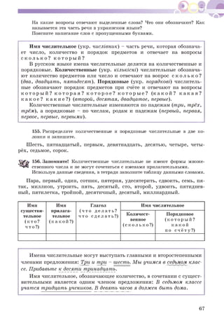 На какие вопросы отвечают выделенные слова? Что они обозначают? Как
называется эта часть речи в украинском языке?
Поясните написание слов с пропущенными буквами.
Имя числительное (укр. числівник) - часть речи, которая обознача­
ет число, количество и порядок предметов и отвечает на вопросы
с к о л ь к о ? к о т о р ы й ?
В русском языке имена числительные делятся на количественные и
порядковые. Количественные (укр. кількісні) числительные обознача­
ют количество предметов или число и отвечают на вопрос с к о л ь к о ?
(два, двадцать, пятьдесят). Порядковые (укр. порядкові) числитель­
ные обозначают порядок предметов при счёте и отвечают на вопросы
к о т о р ы й ? к о т о р а я ? к о т о р о е ? к о т о р ы е ? ( к а к о й ? к а к а я ?
к а к о е ? к а к и е ? ) (второй, десятая, двадцатое, первые).
Количественные числительные изменяются по падежам (три, трёх,
трём), а порядковые - по числам, родам и падежам (первый, первая,
первое, первые, первыми).
155. Распределите количественные и порядковые числительные в две ко­
лонки и запишите.
Шесть, пятнадцатый, первым, девятнадцать, десятью, четыре, четы­
рёх, седьмое, сорок.
156. Запомните! Количественные числительные не имеют формы множе­
ственного числа и не могут сочетаться с именами прилагательными.
Используя данные сведения, в тетради заполните таблицу данными словами.
Пара, первый, один, сотник, пятерня, удесятерить, сдвоить, семь, пя­
так, миллион, утроить, пять, десятый, сто, второй, удвоить, пятиднев­
ный, пятилетка, тройной, десятичный, десятый, миллиардный.
Имя
существи­
тельное
(кто?
что?)
Имя
прилага­
тельное
(какой?)
Глагол
(что делать?
что сделать?)
Имя числительное
Количест­
венное
(сколько?)
Порядковое
(который?
какой
по счё ту?)
Имена числительные могут выступать главными и второстепенными
членами предложения: Три и три - шесть. Мы учимся в седьмом клас­
се. Прибавьте кдесят и.тринадцать..
Имя числительное, обозначающее количество, в сочетании с сущест­
вительными является одним членом предложения: В седьмом классе
учатся тридцать учеников. В девять часов я должен быть дома.
67
 
